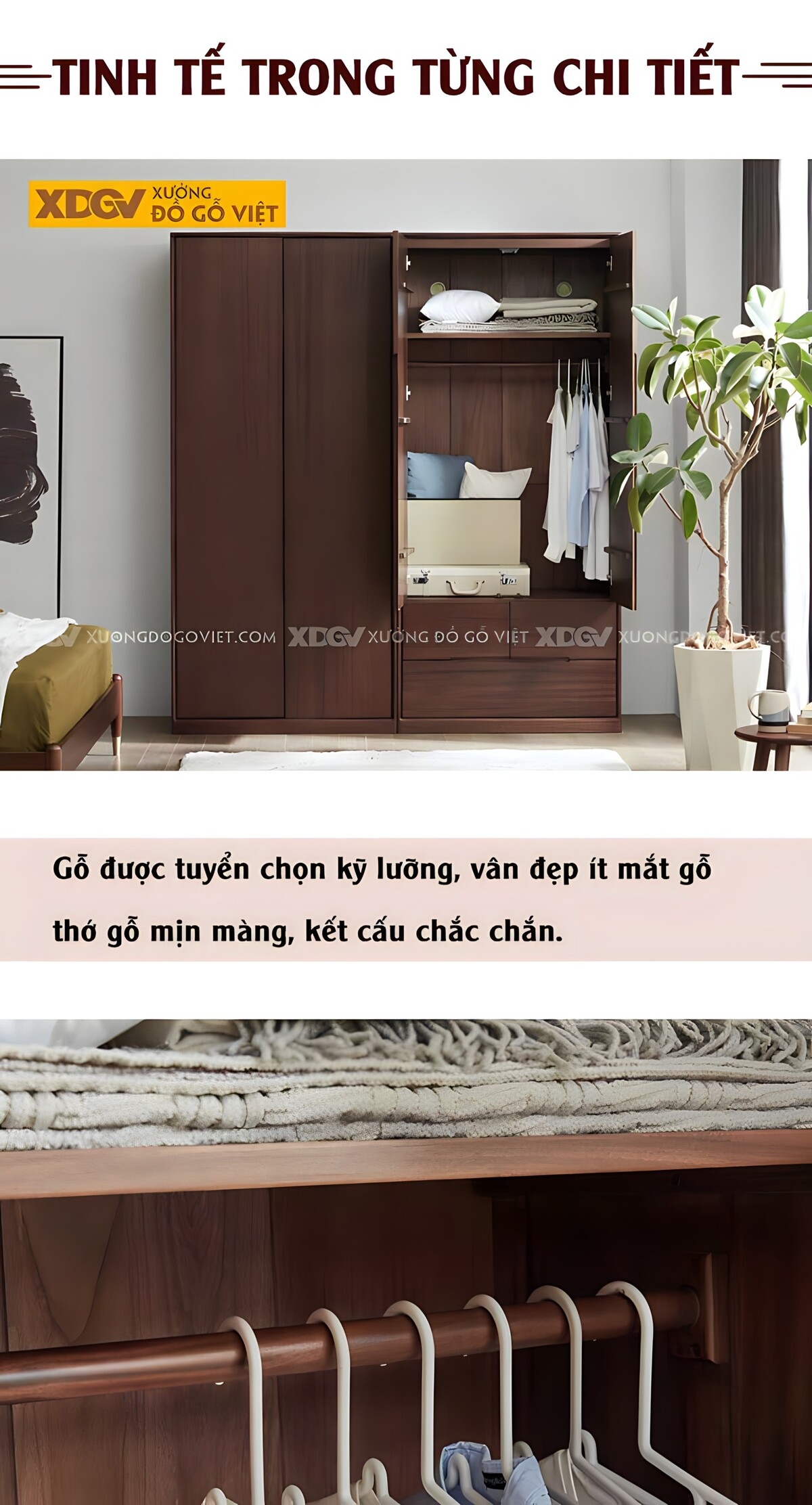 Tủ Quần Áo Đôi Óc Chó Hiện Đại Mặt Phẳng Tay Âm Bên Trong