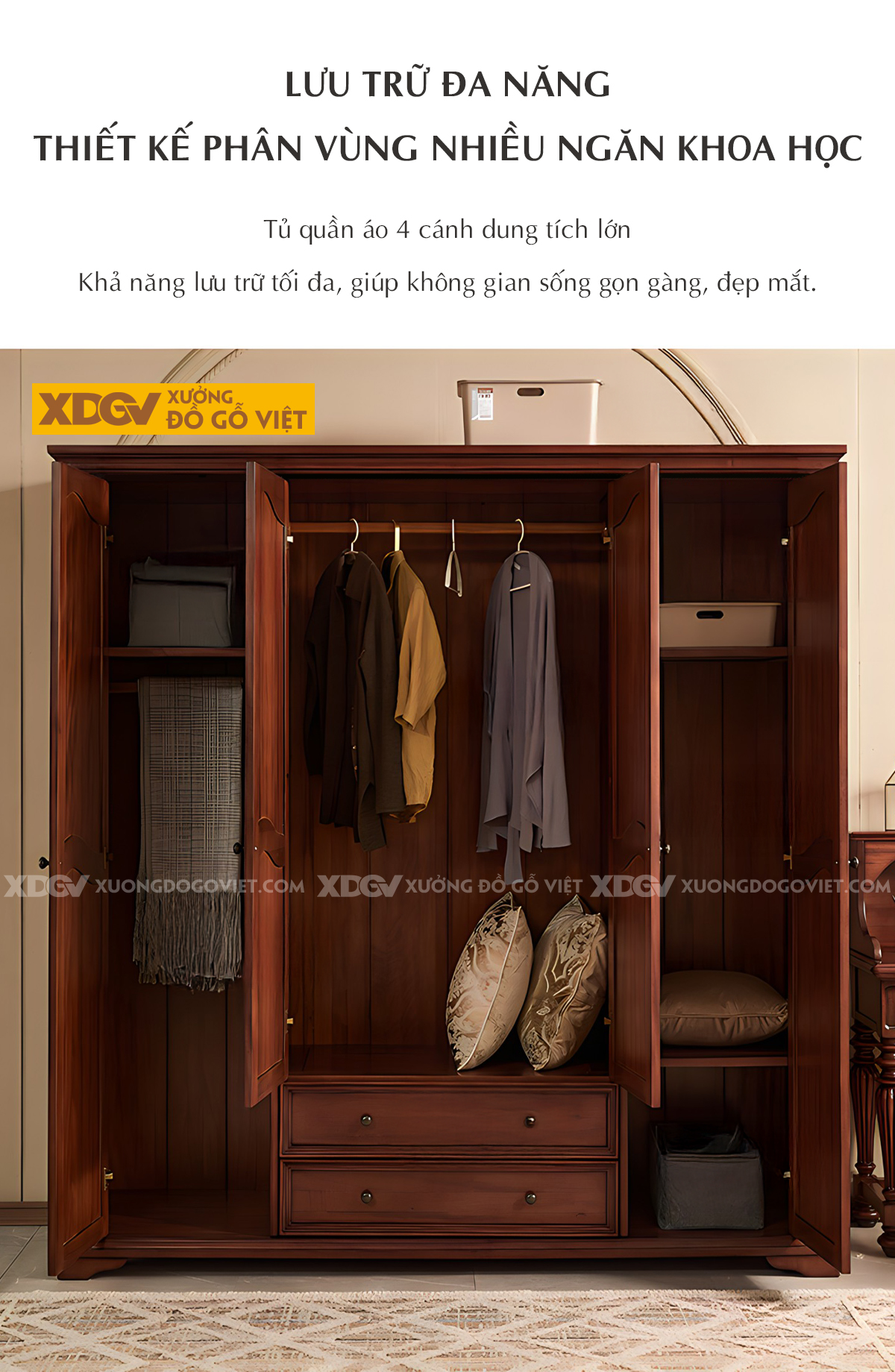 Tủ Quần Áo Gỗ Căm Xe Cổ Điển Hoàng Gia Chạm Khắc Tinh Xảo