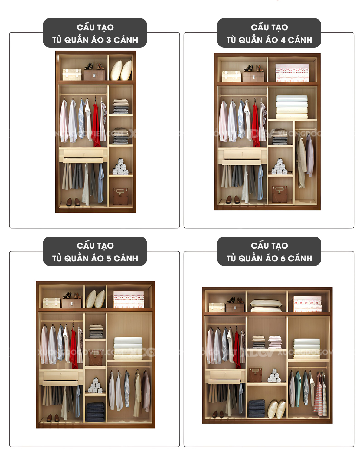 Tủ Quần Áo Gỗ Cao Su Kịch Trần 6 Cánh Cửa Mở Tay Nắm Dài