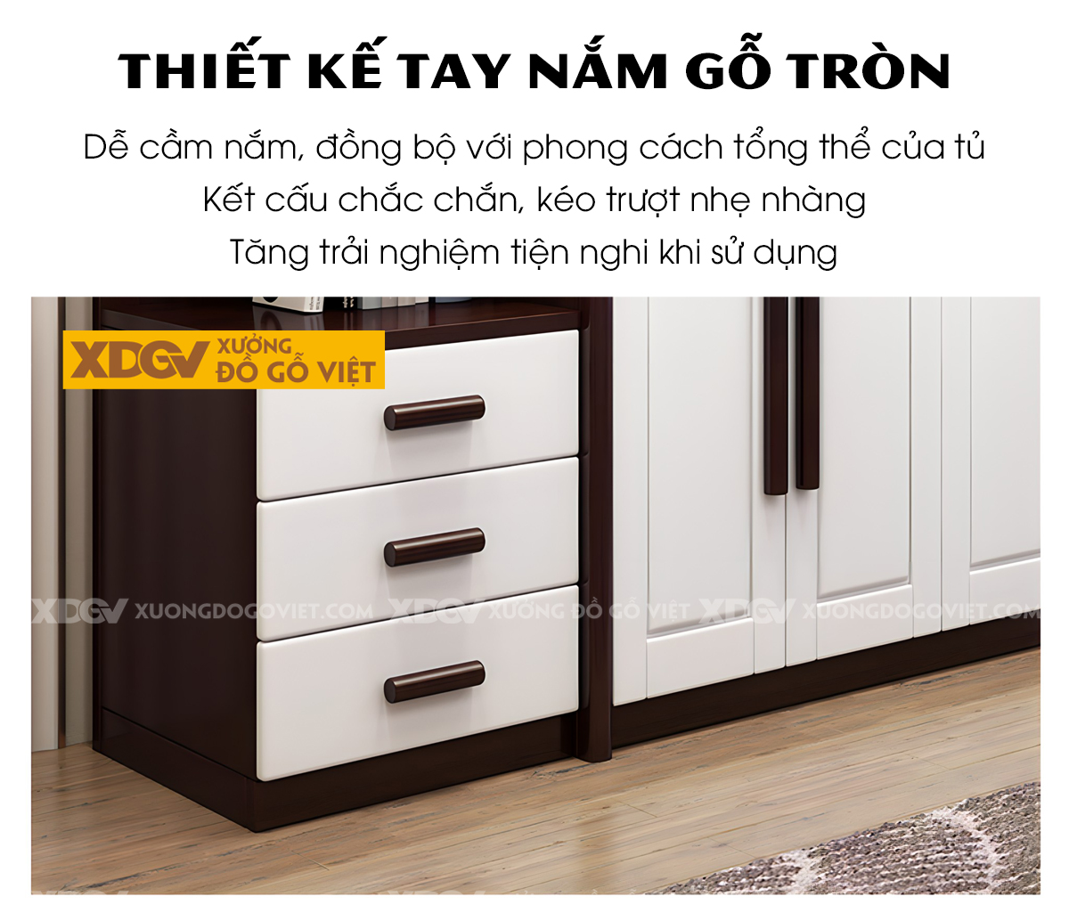 Tủ Quần Áo Gỗ Cao Su Kịch Trần 6 Cánh Cửa Mở Tay Nắm Dài