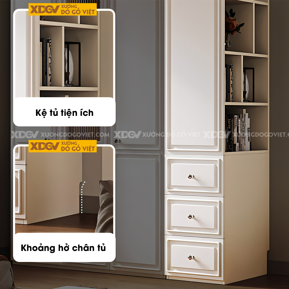 Tủ Quần Áo Gỗ Cao Su Màu Trắng Tích Hợp Cánh Kính Mờ Kệ Bên