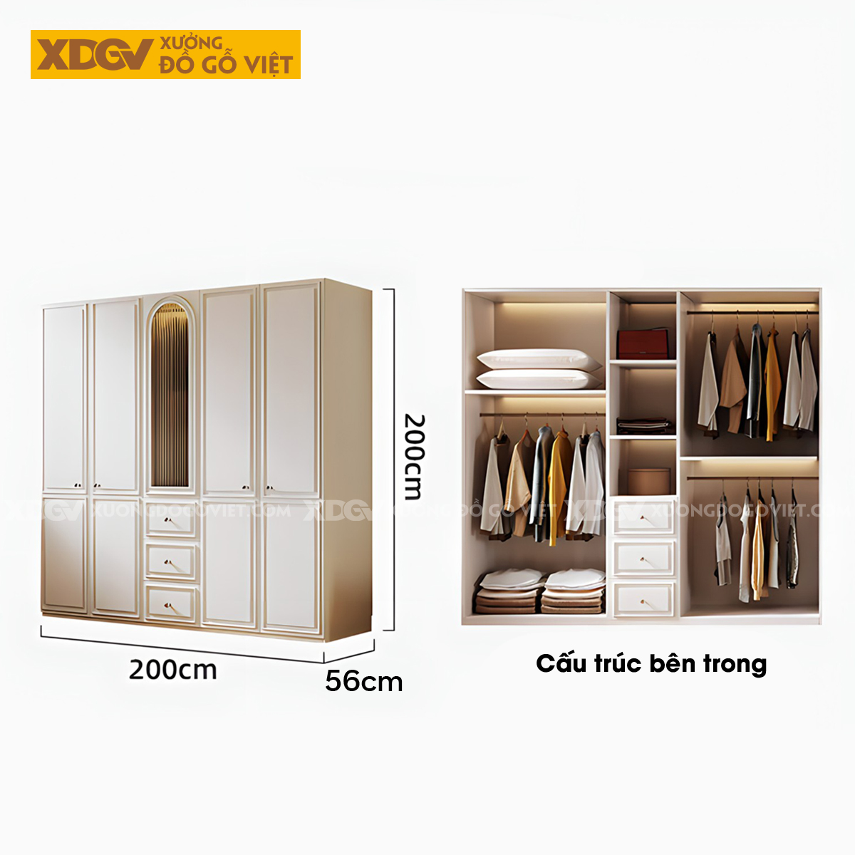 Tủ Quần Áo Gỗ Cao Su Màu Trắng Tích Hợp Cánh Kính Mờ Kệ Bên