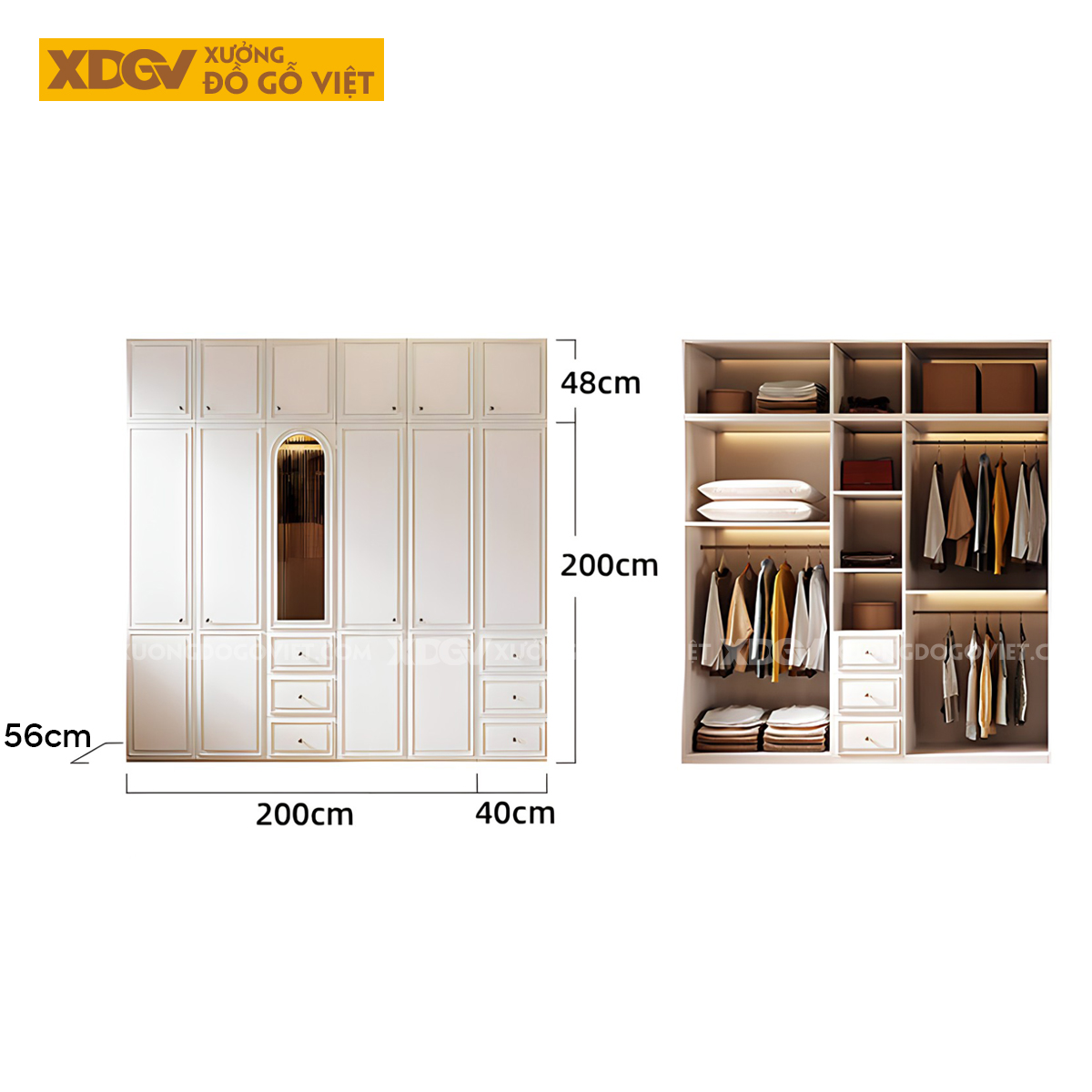 Tủ Quần Áo Gỗ Cao Su Màu Trắng Tích Hợp Cánh Kính Mờ Kệ Bên