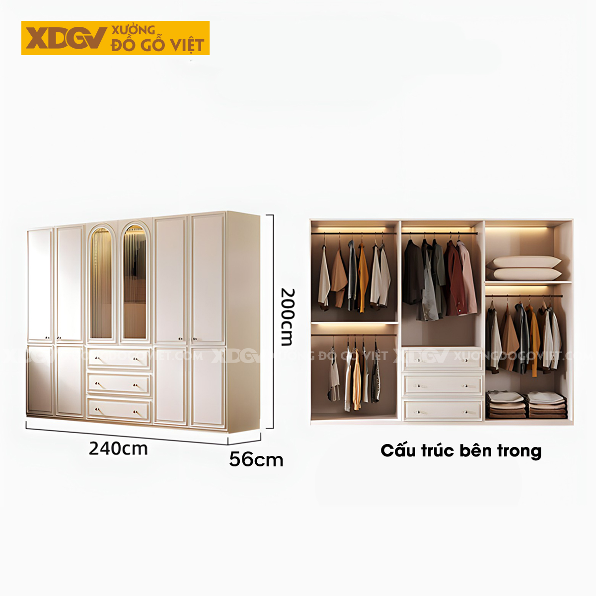 Tủ Quần Áo Gỗ Cao Su Màu Trắng Tích Hợp Cánh Kính Mờ Kệ Bên