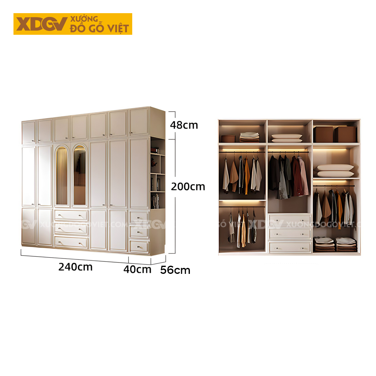 Tủ Quần Áo Gỗ Cao Su Màu Trắng Tích Hợp Cánh Kính Mờ Kệ Bên