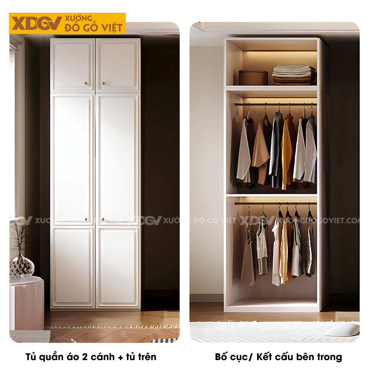 Tủ Quần Áo Gỗ Cao Su Màu Trắng Tích Hợp Cánh Kính Mờ Kệ Bên