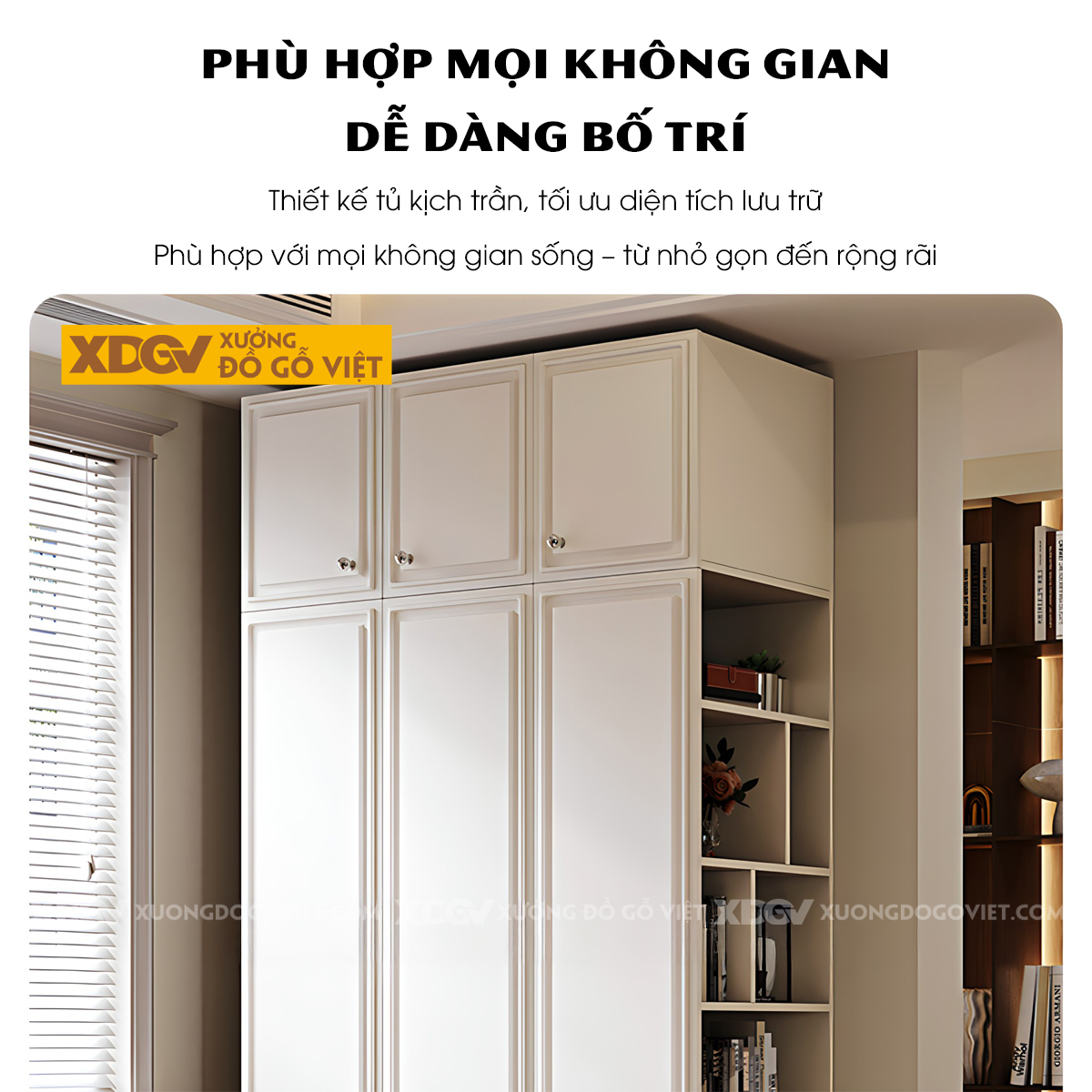 Tủ Quần Áo Gỗ Cao Su Màu Trắng Tích Hợp Cánh Kính Mờ Kệ Bên