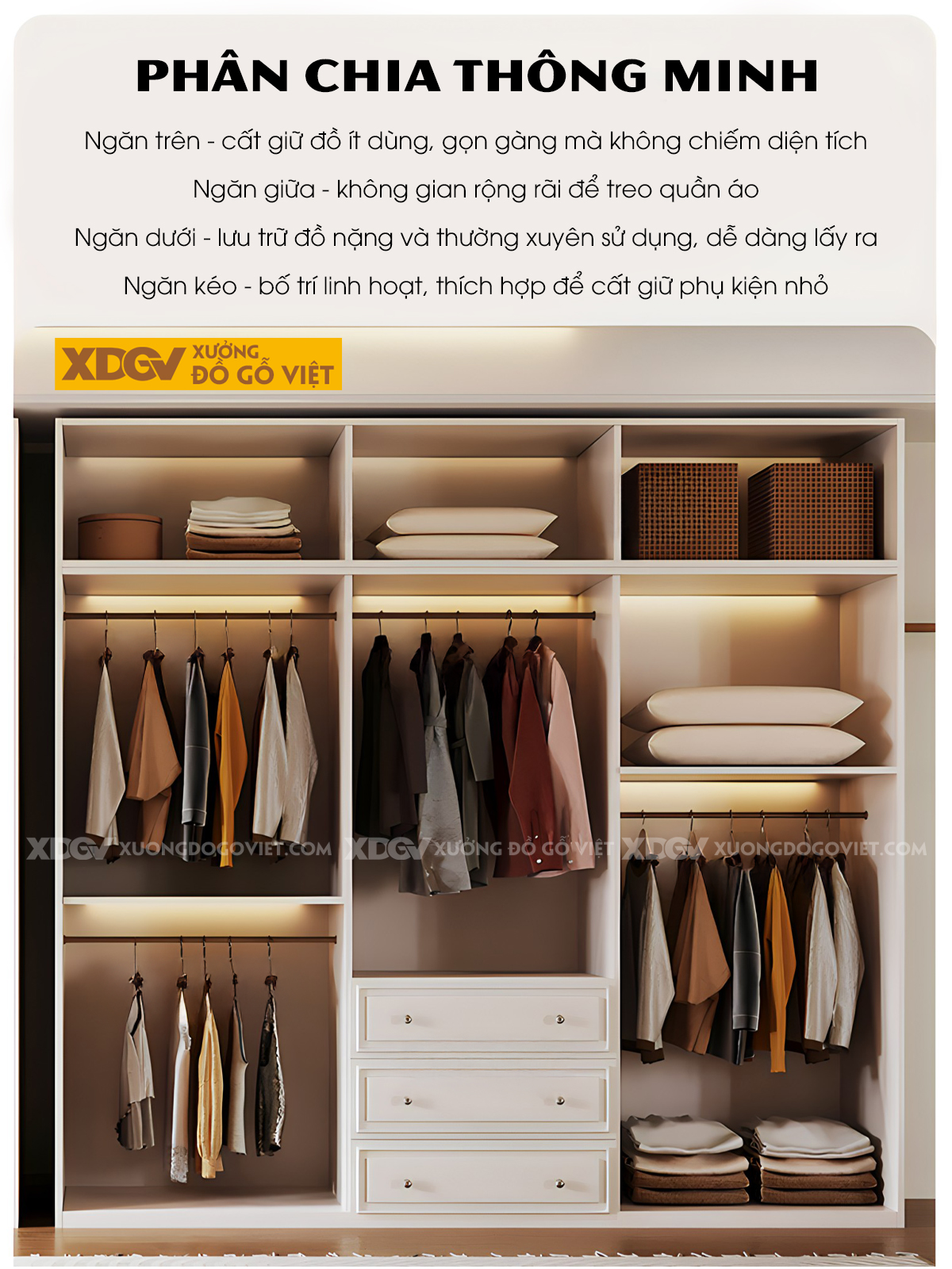 Tủ Quần Áo Gỗ Cao Su Màu Trắng Tích Hợp Cánh Kính Mờ Kệ Bên