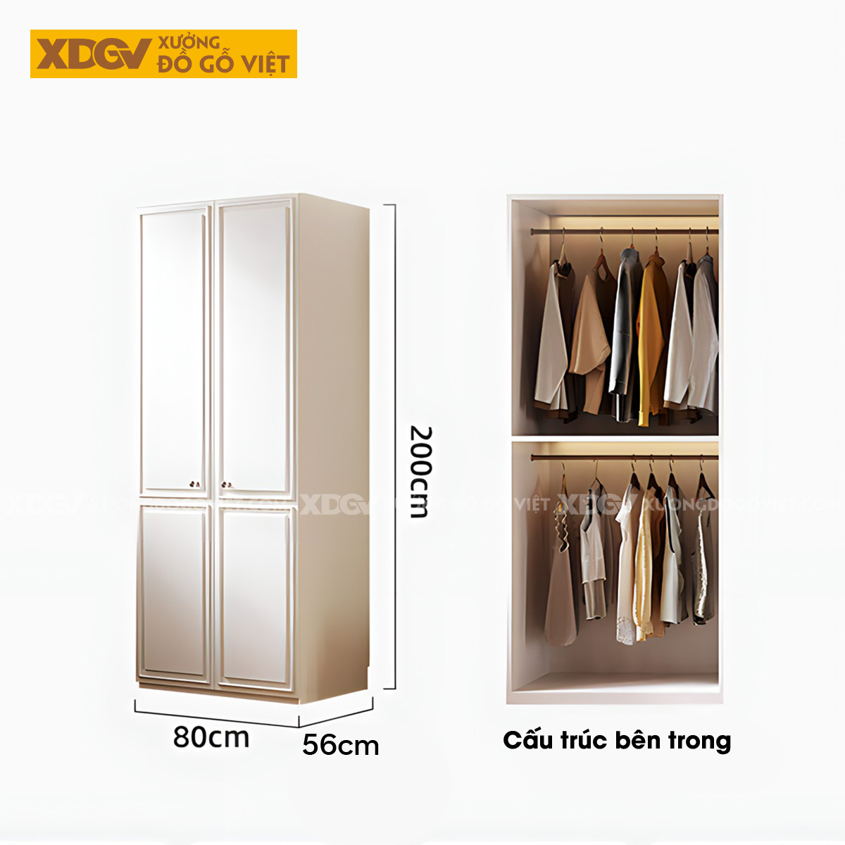 Tủ Quần Áo Gỗ Cao Su Màu Trắng Tích Hợp Cánh Kính Mờ Kệ Bên