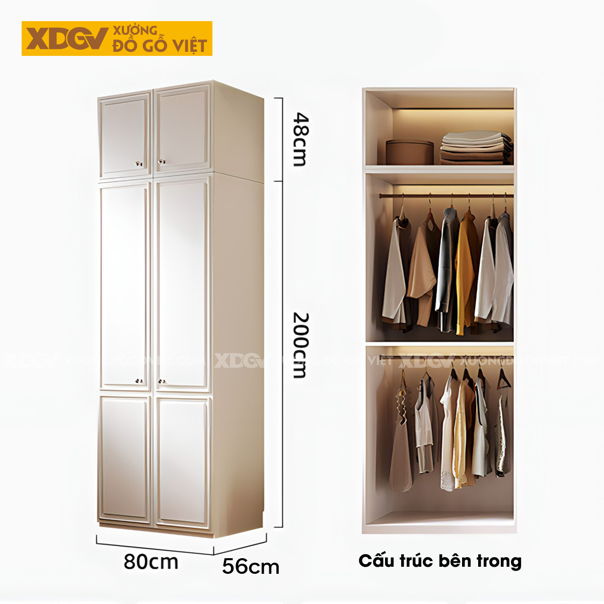 Tủ Quần Áo Gỗ Cao Su Màu Trắng Tích Hợp Cánh Kính Mờ Kệ Bên