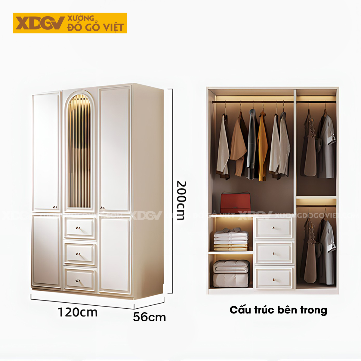 Tủ Quần Áo Gỗ Cao Su Màu Trắng Tích Hợp Cánh Kính Mờ Kệ Bên