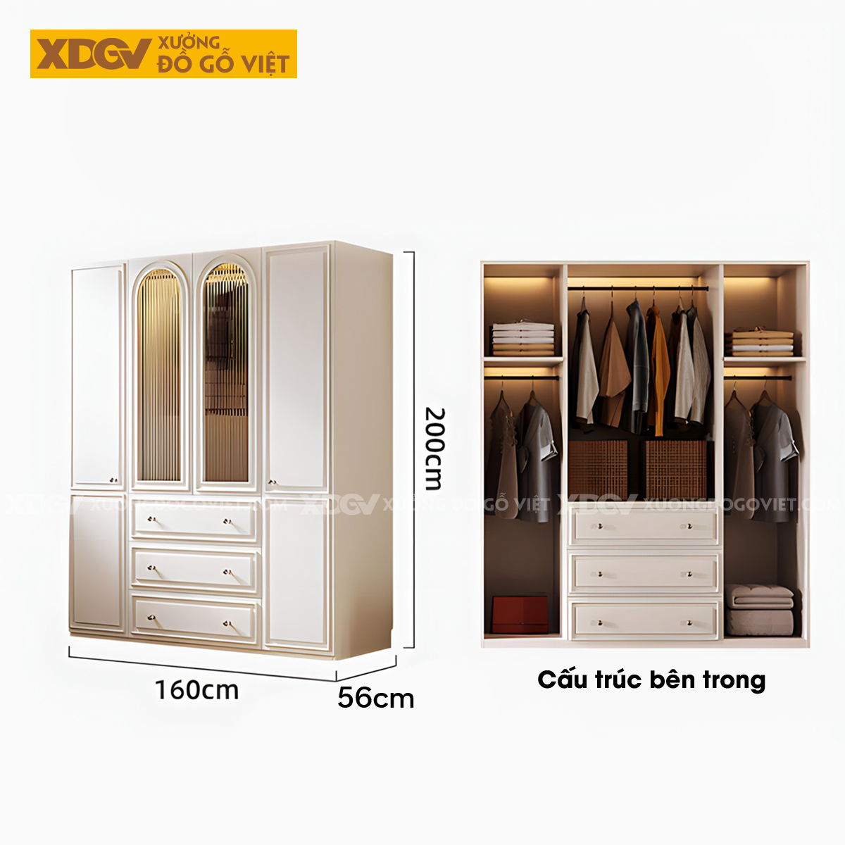 Tủ Quần Áo Gỗ Cao Su Màu Trắng Tích Hợp Cánh Kính Mờ Kệ Bên