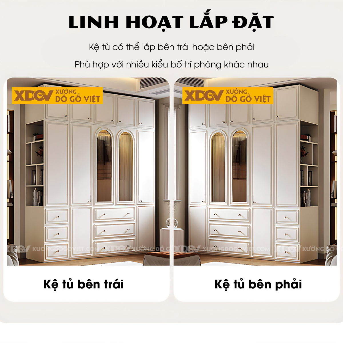 Tủ Quần Áo Gỗ Cao Su Màu Trắng Tích Hợp Cánh Kính Mờ Kệ Bên