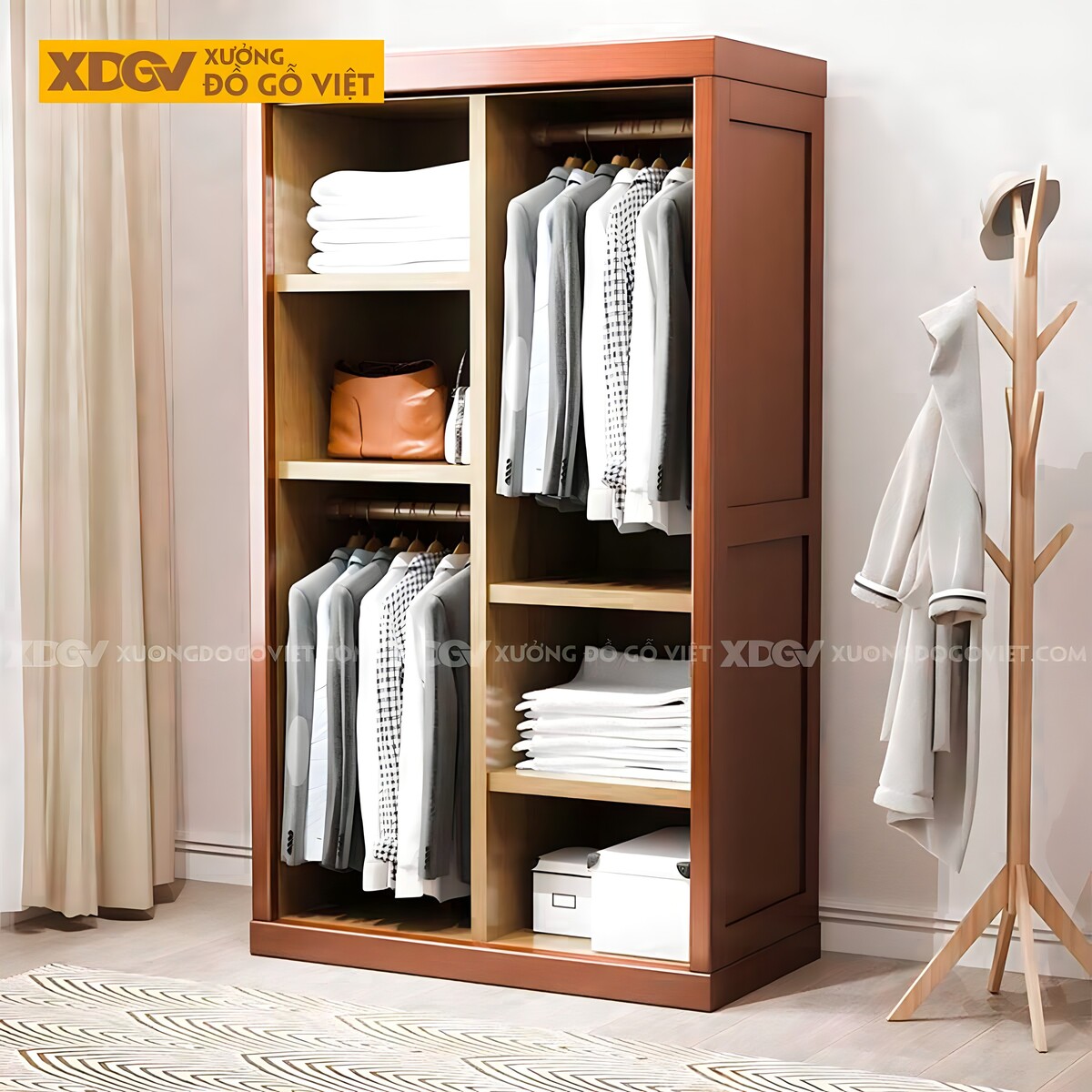 Tủ Quần Áo Gỗ Gõ Đỏ Hiện Đại Cửa Lùa Có Cánh Gương Bo Góc