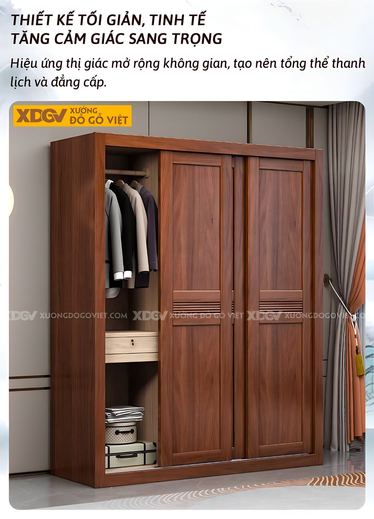 Tủ Quần Áo Gỗ Gõ Hiện Đại Tối Giản 3 Cánh Cửa Lùa Rãnh Giữa