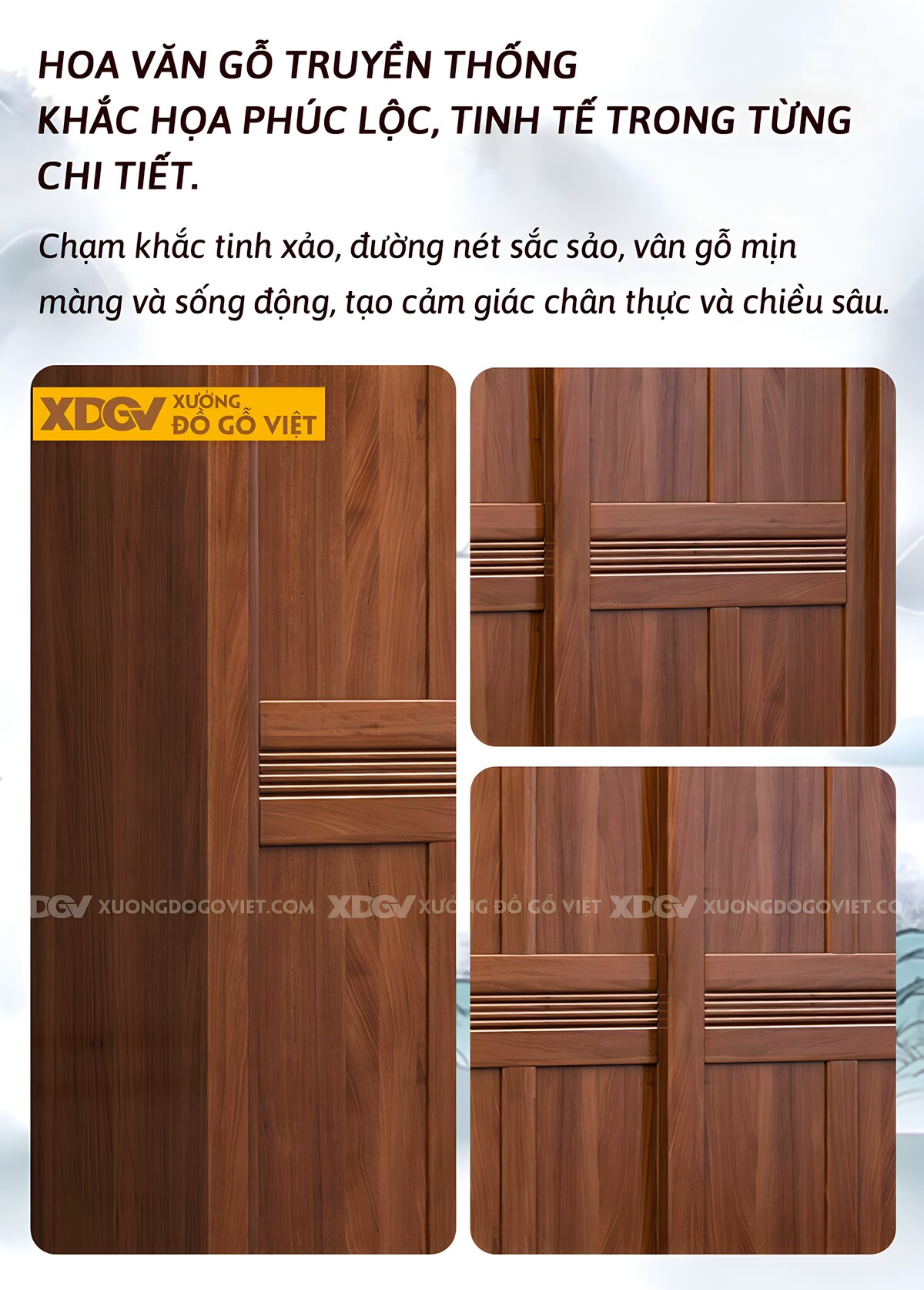 Tủ Quần Áo Gỗ Gõ Hiện Đại Tối Giản 3 Cánh Cửa Lùa Rãnh Giữa