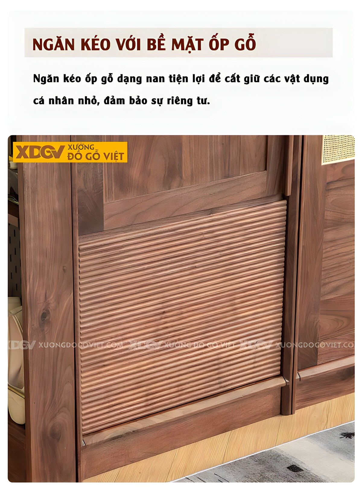 Tủ Quần Áo Gỗ Óc Chó Hiện Đại Mặt Cánh Mây Tre Đan Á Đông