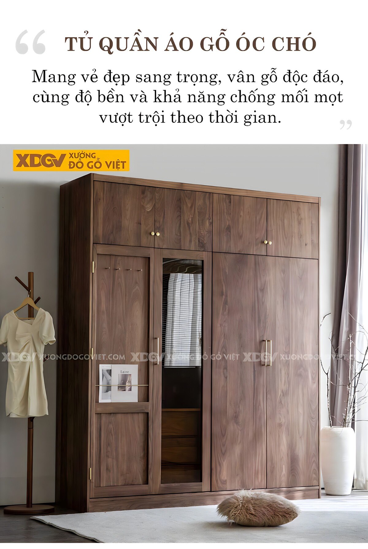 Tủ Quần Áo Gỗ Óc Chó Thịt Cửa Mở Lắp Kính Và Ngăn Trên