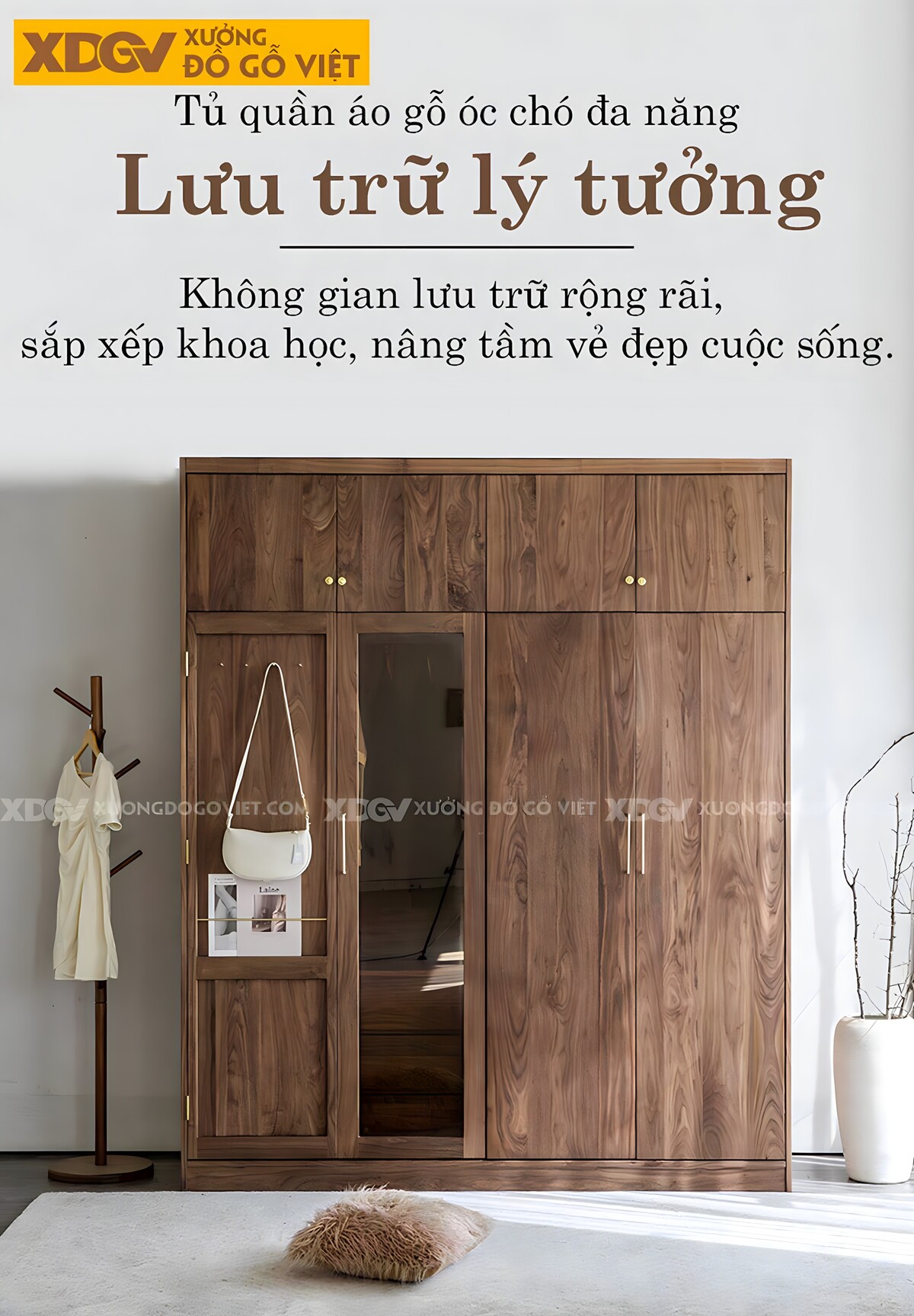 Tủ Quần Áo Gỗ Óc Chó Thịt Cửa Mở Lắp Kính Và Ngăn Trên