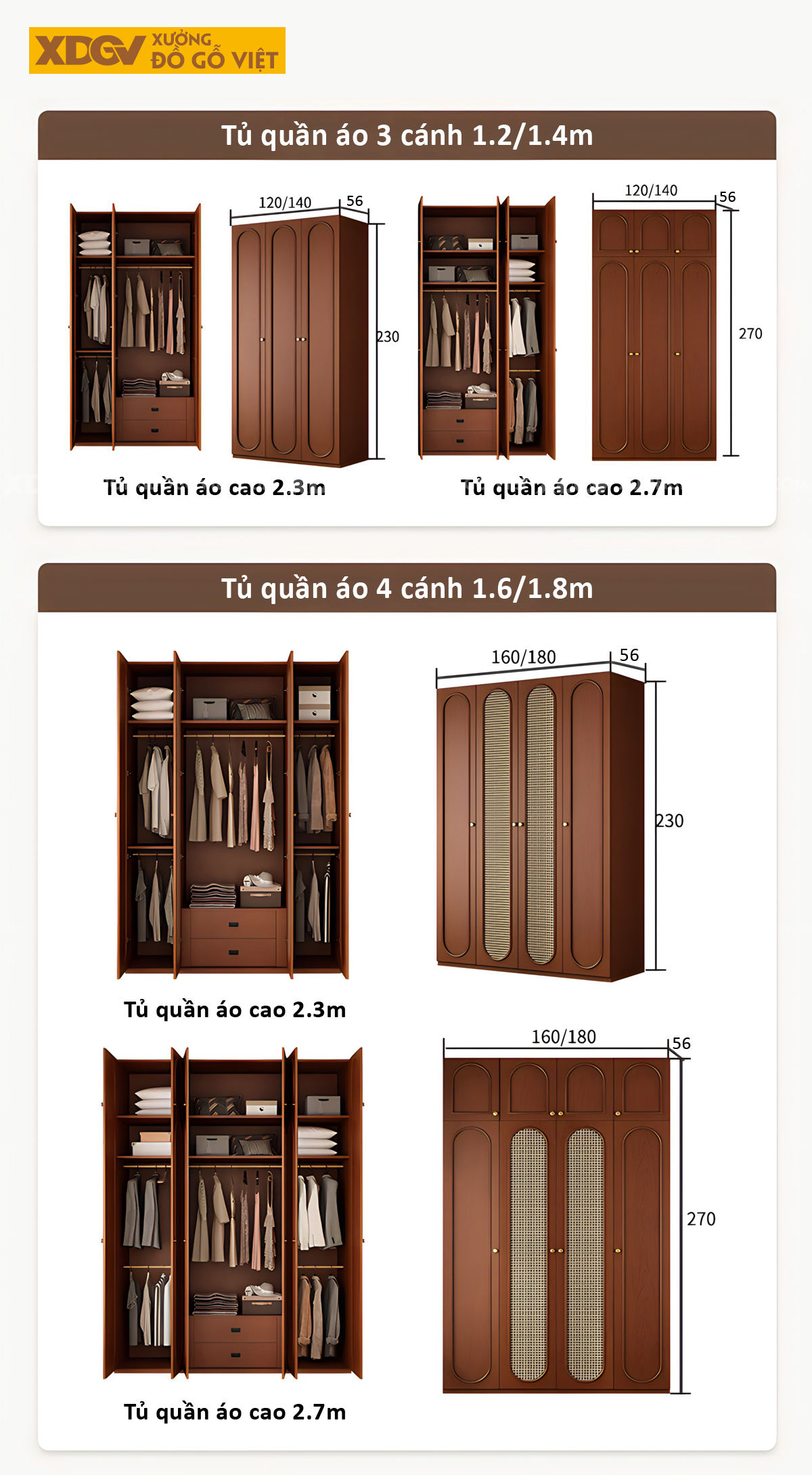 Tủ Quần Áo Gỗ Sồi Kịch Trần 6 Buồng Không Gian Lưu Trữ Lớn