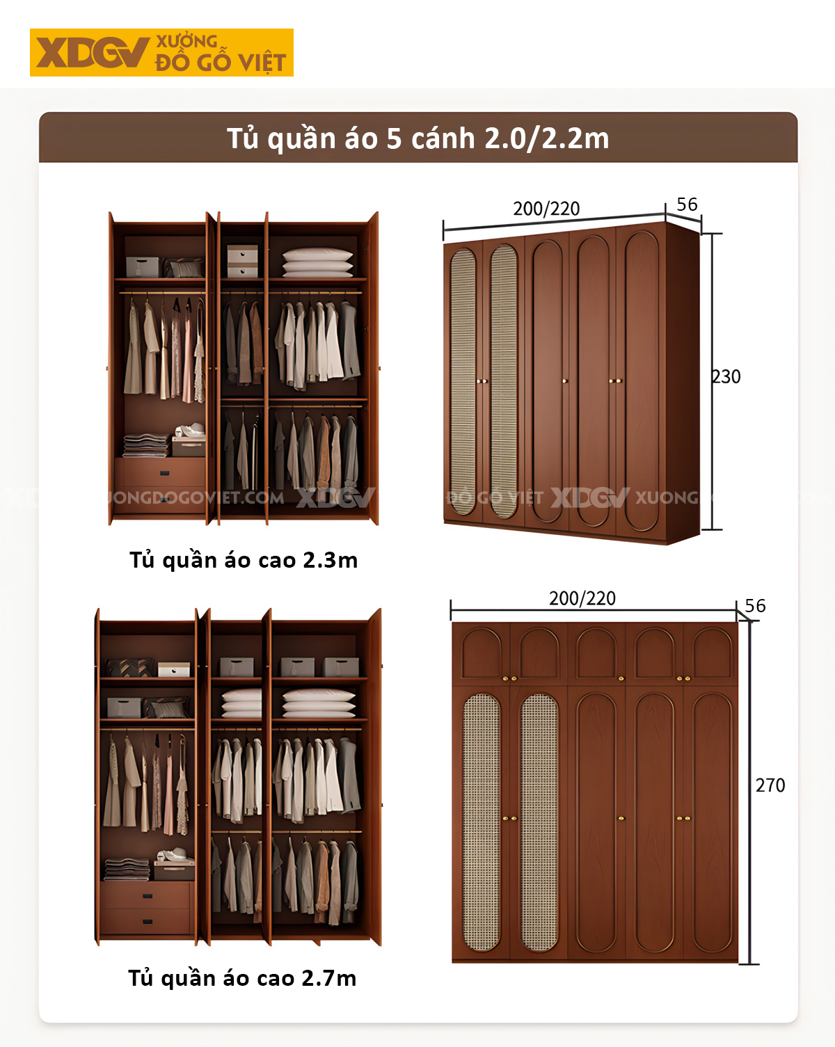 Tủ Quần Áo Gỗ Sồi Kịch Trần 6 Buồng Không Gian Lưu Trữ Lớn