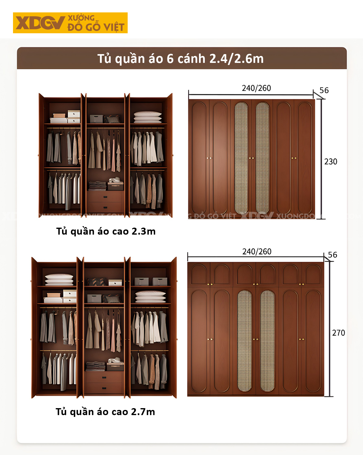 Tủ Quần Áo Gỗ Sồi Kịch Trần 6 Buồng Không Gian Lưu Trữ Lớn