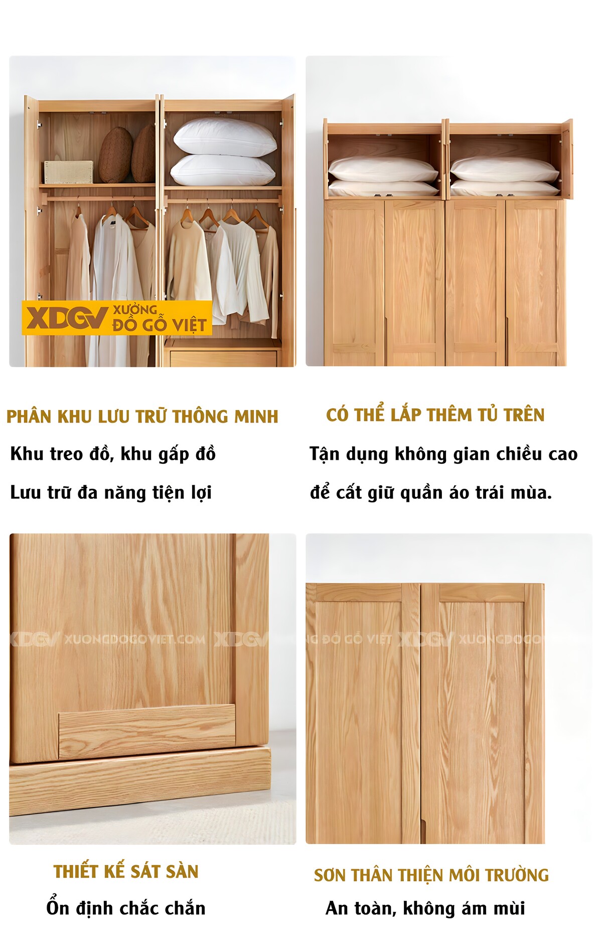 Tủ Quần Áo Gỗ Sồi Tự Nhiên Khung Pano Tay Nắm Âm Nhiều Cánh