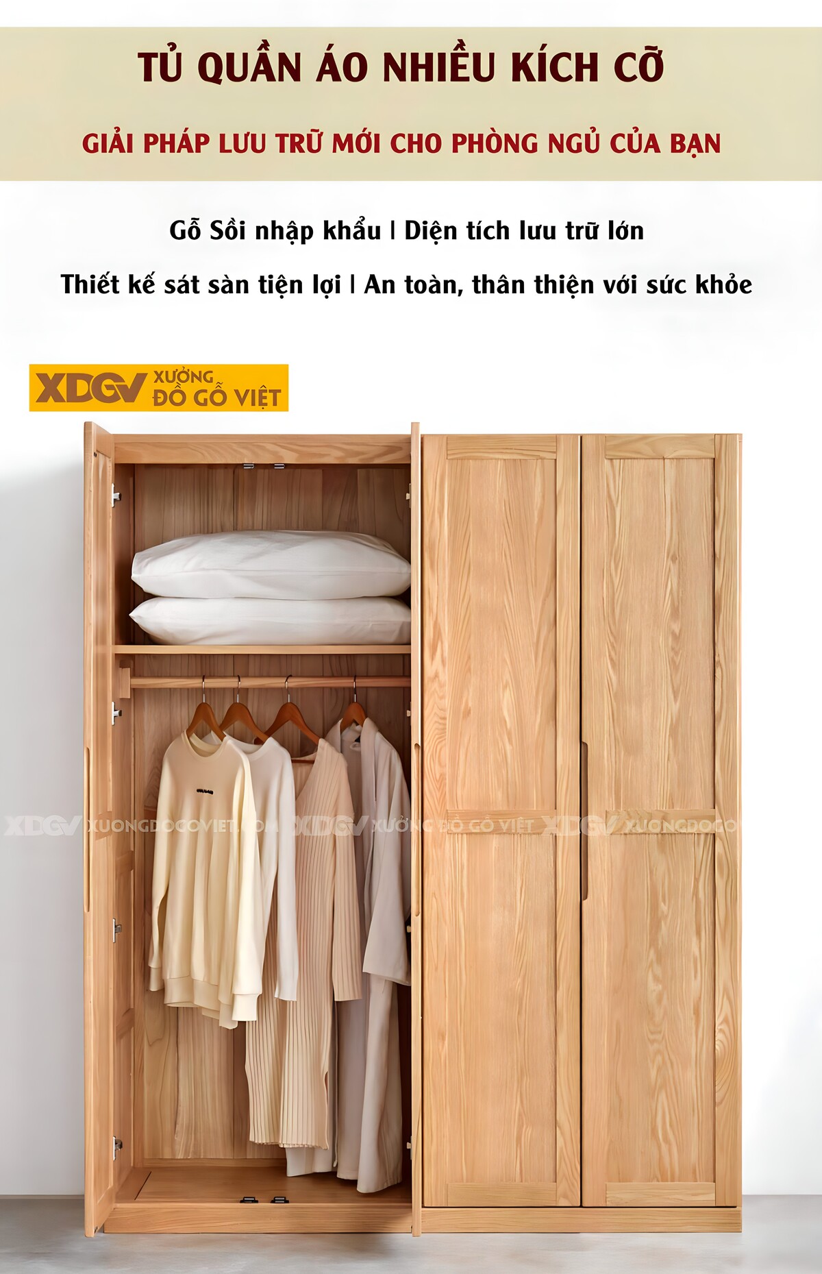 Tủ Quần Áo Gỗ Sồi Tự Nhiên Khung Pano Tay Nắm Âm Nhiều Cánh