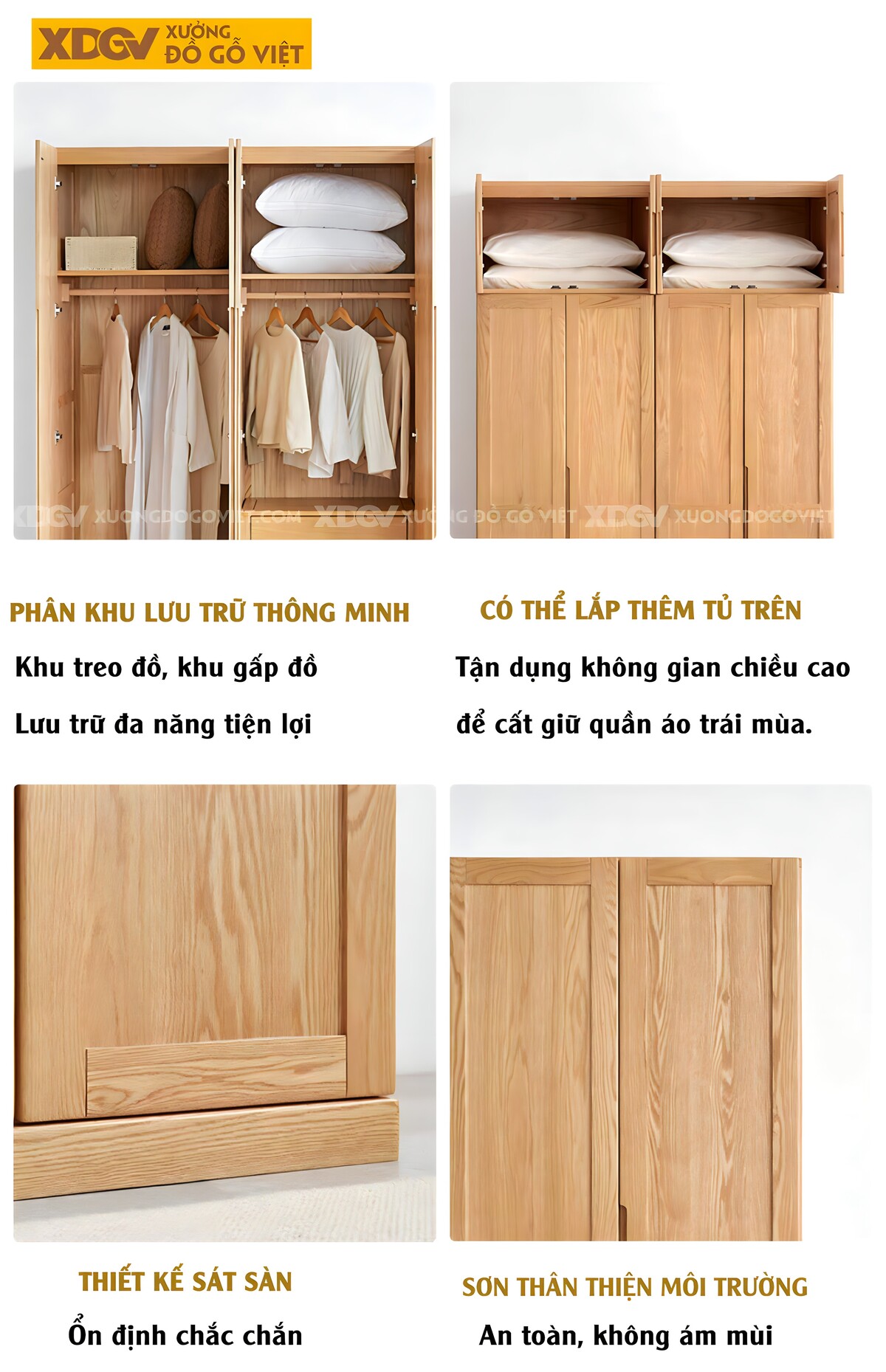 Tủ Quần Áo Gỗ Sồi Tự Nhiên Khung Pano Tay Nắm Âm Nhiều Cánh