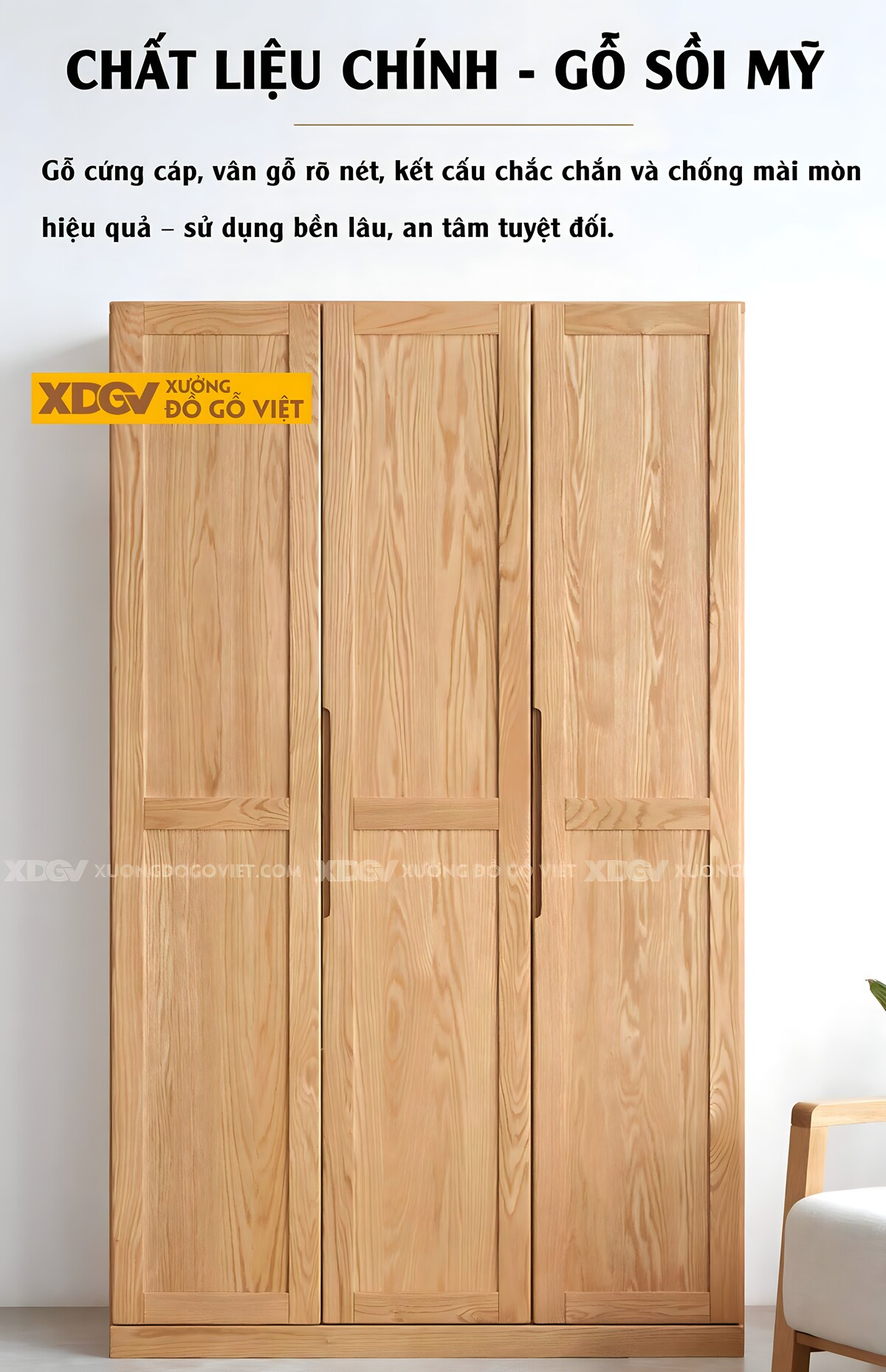 Tủ Quần Áo Gỗ Sồi Tự Nhiên Khung Pano Tay Nắm Âm Nhiều Cánh