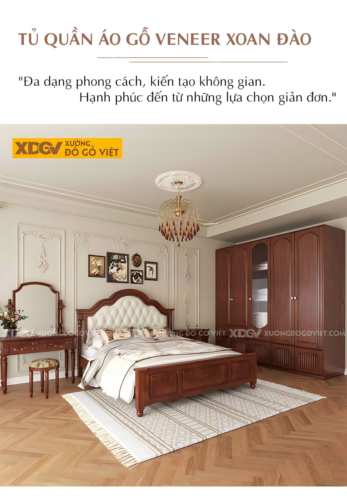 Tủ Quần Áo Gỗ Veneer Xoan Cánh Mái Vòm Kính Râm Mờ Cửa Giữa