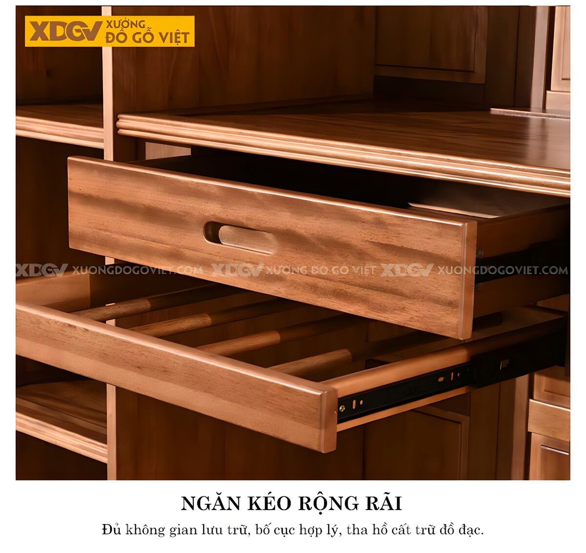 Tủ Quần Áo Gỗ Xoan Đào 2 Cánh Lớn Cửa Lùa Tay Âm Nhiều Ngăn