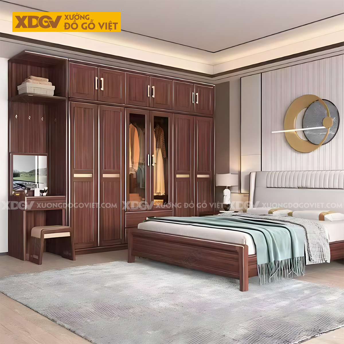 Tủ Quần Áo Kết Hợp Bàn Trang Điểm Gỗ Lim Cánh Kính Trà Nhạt