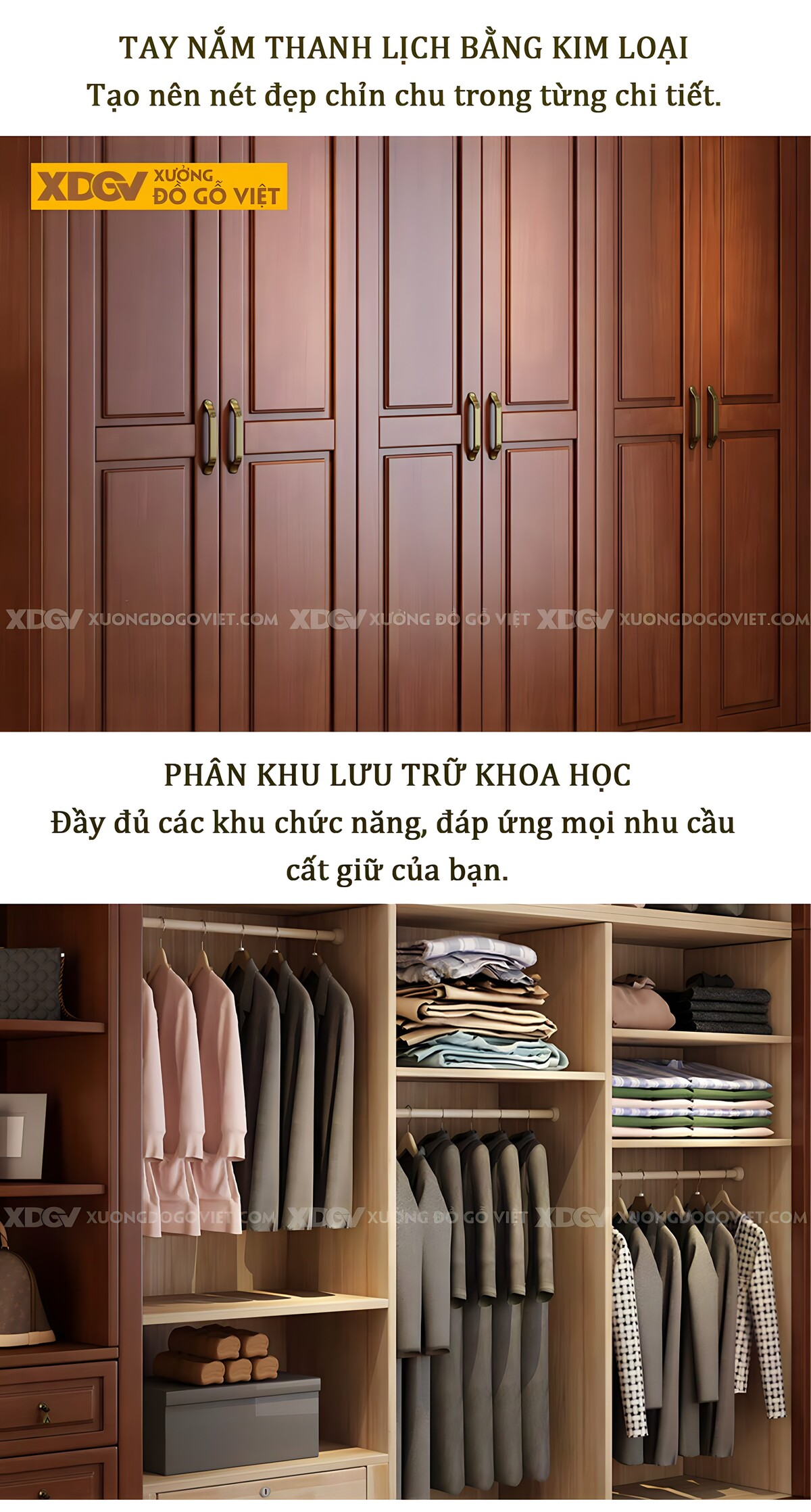 Tủ Quần Áo Kịch Trần Gỗ Gõ Đỏ Tích Hợp Kệ Và Ngăn Kéo Bên