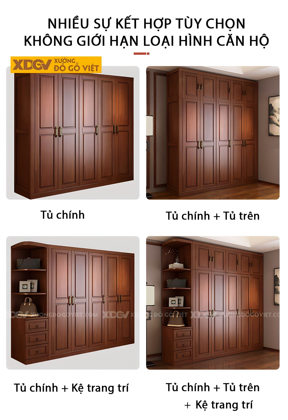 Tủ Quần Áo Kịch Trần Gỗ Gõ Đỏ Tích Hợp Kệ Và Ngăn Kéo Bên