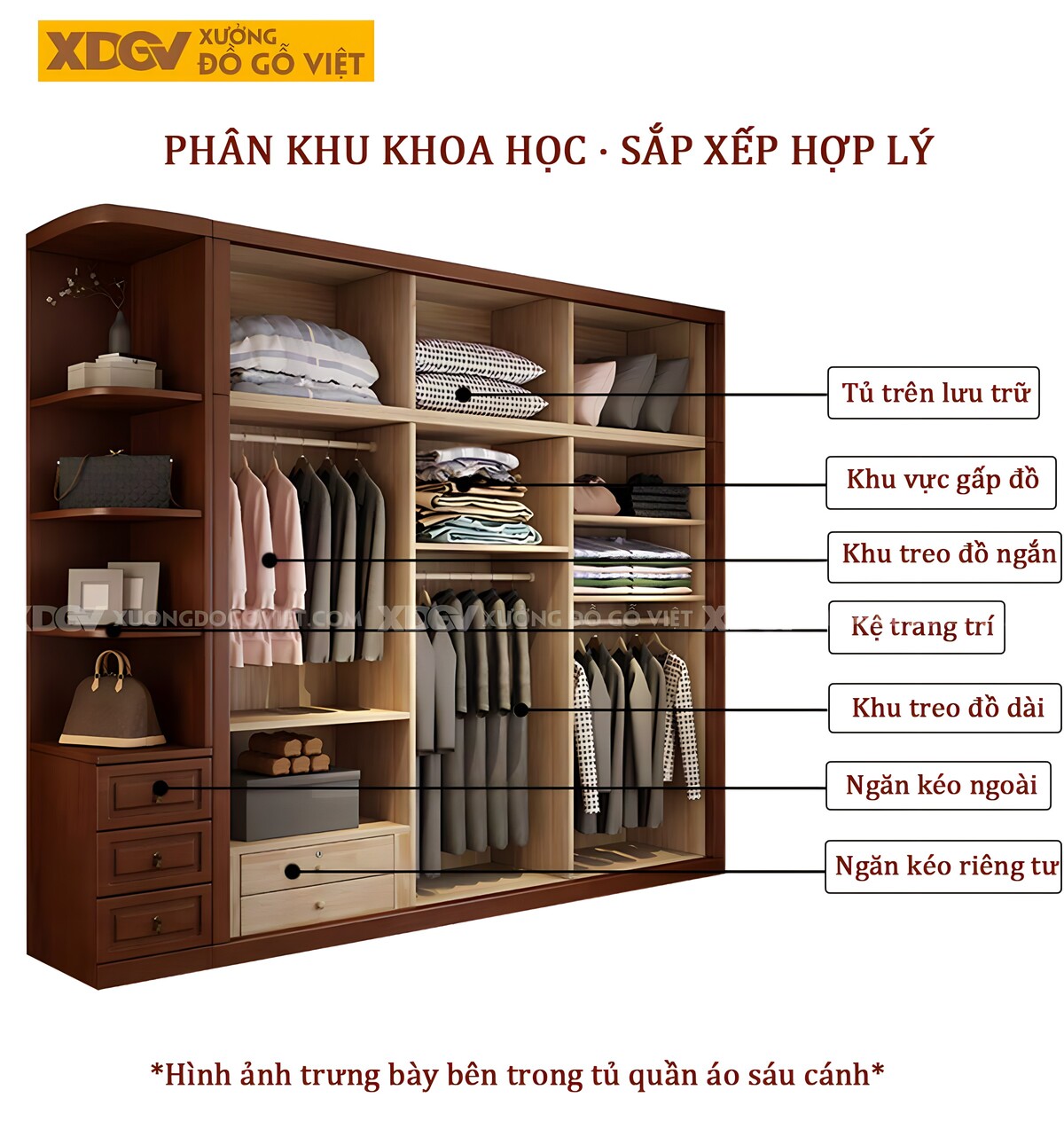 Tủ Quần Áo Kịch Trần Gỗ Gõ Đỏ Tích Hợp Kệ Và Ngăn Kéo Bên