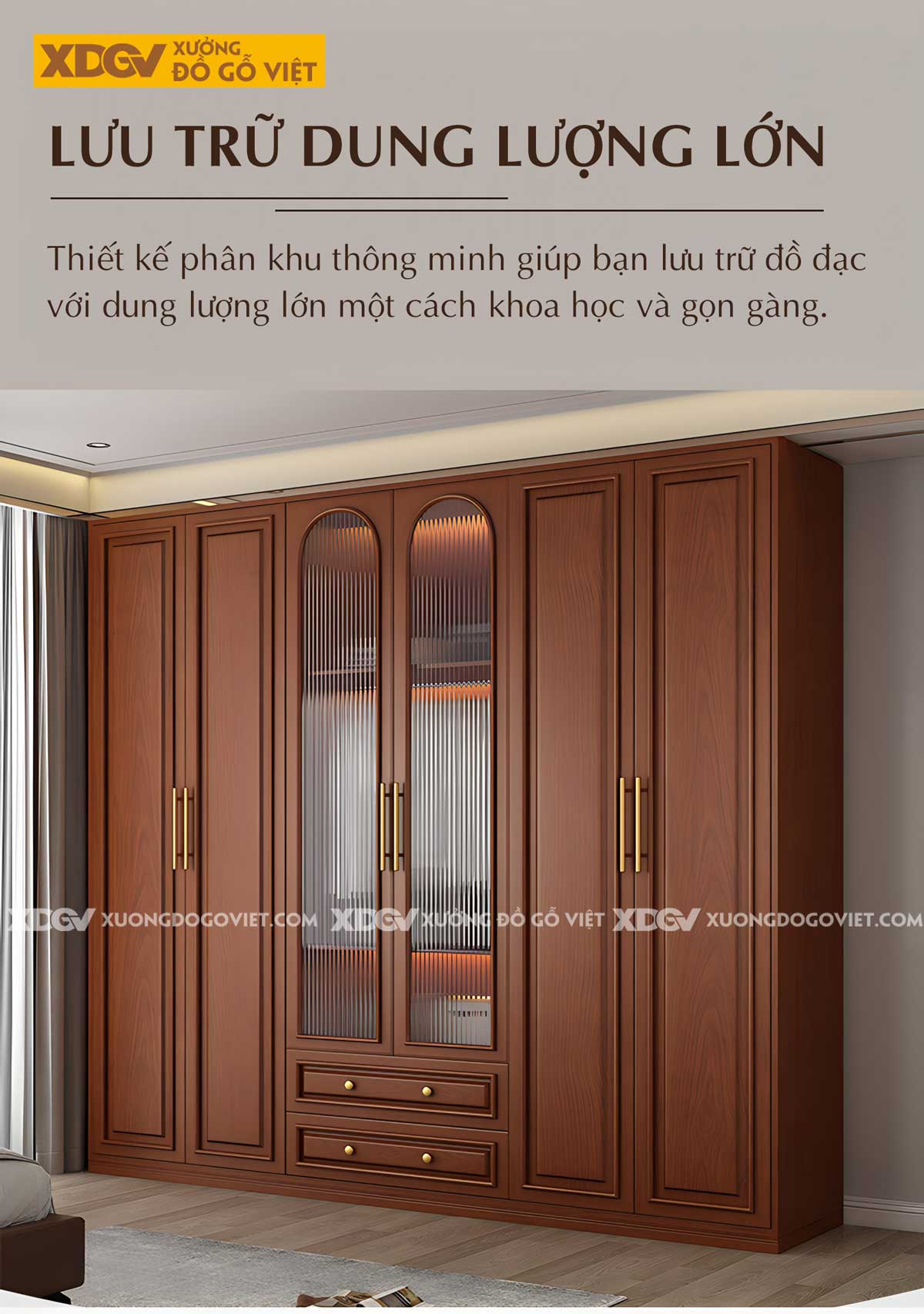 Tủ Quần Áo Kịch Trần Gỗ Sồi Tự Nhiên Tay Nắm Kim Loại Vàng
