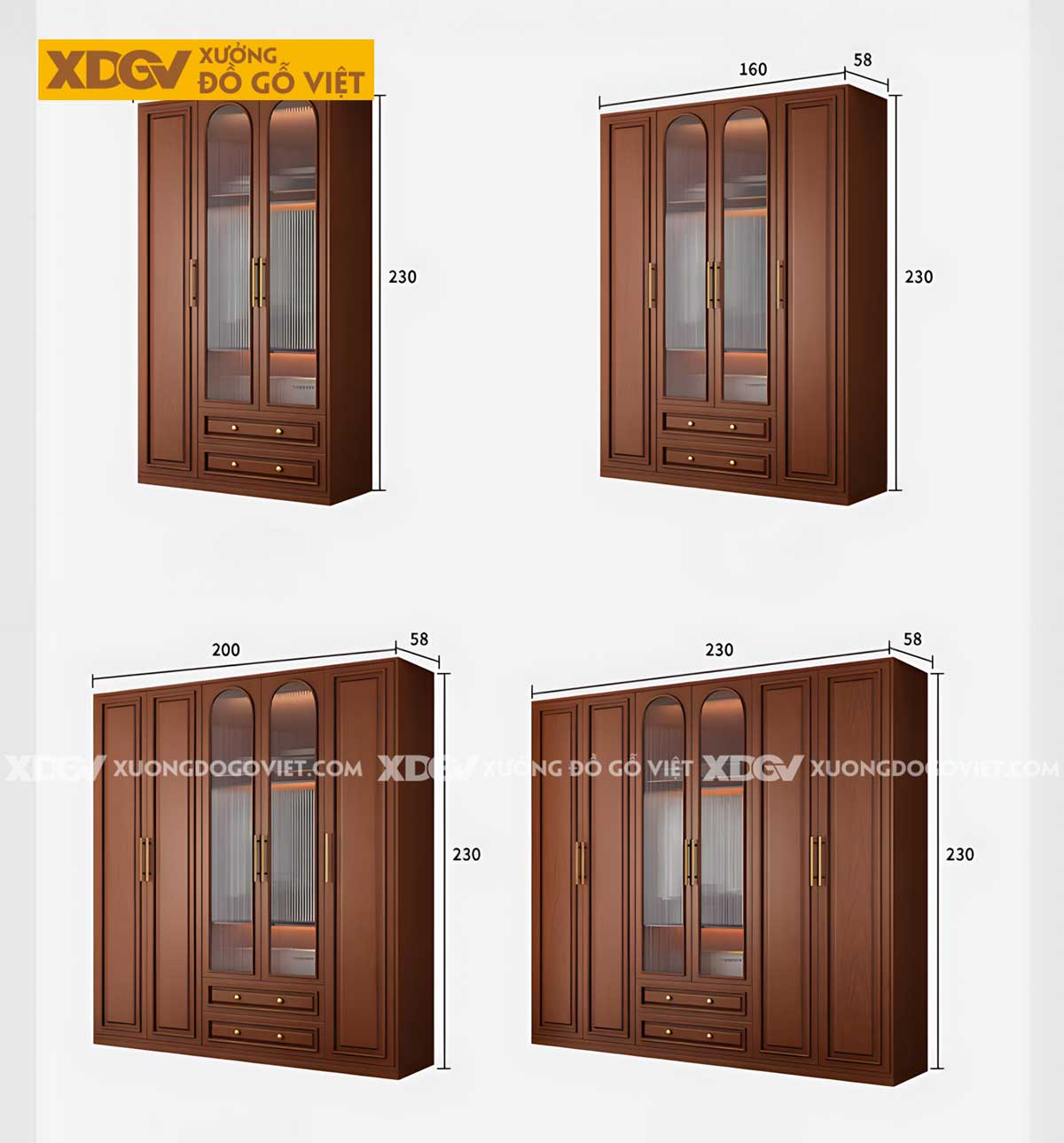 Tủ Quần Áo Kịch Trần Gỗ Sồi Tự Nhiên Tay Nắm Kim Loại Vàng