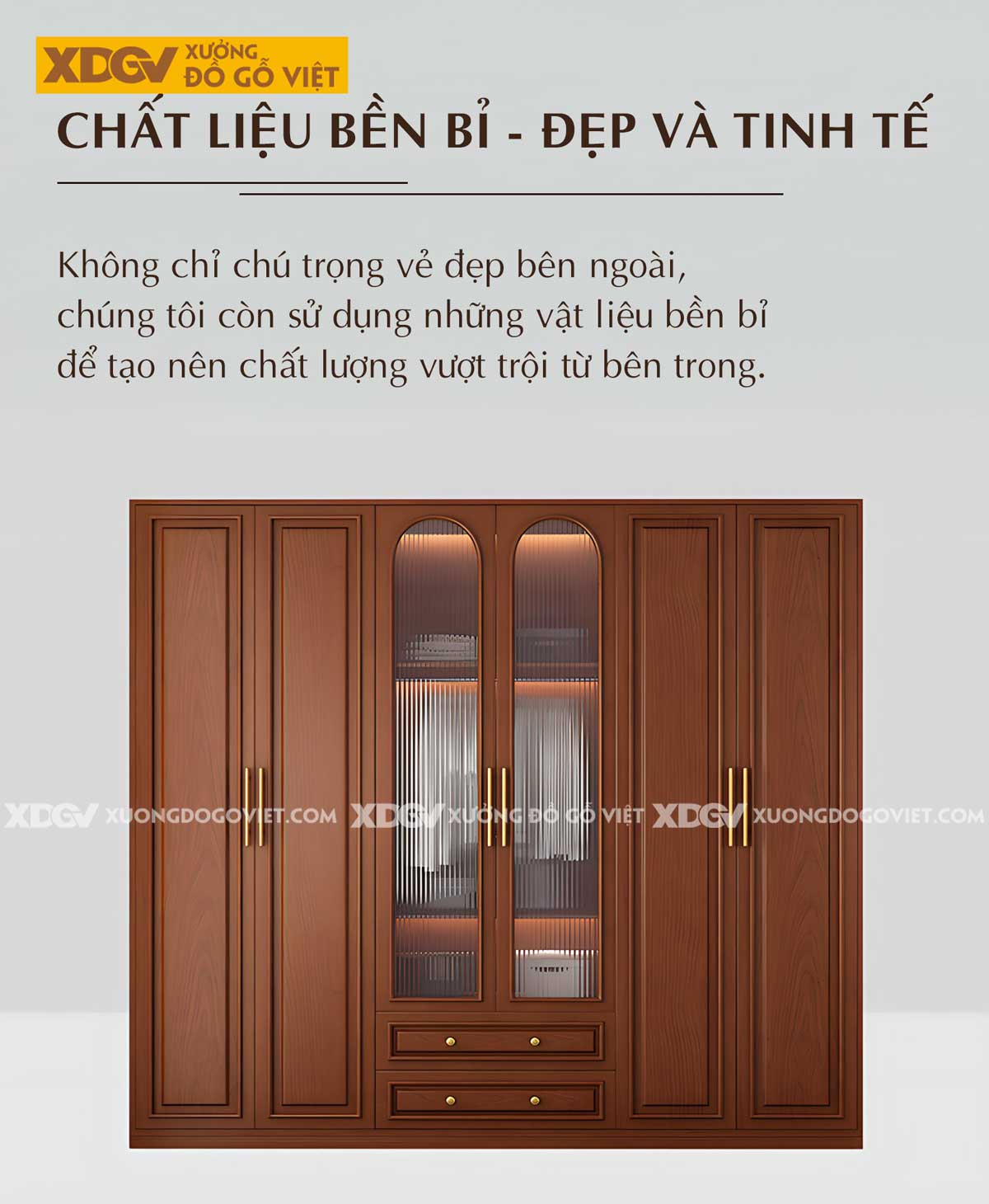Tủ Quần Áo Kịch Trần Gỗ Sồi Tự Nhiên Tay Nắm Kim Loại Vàng