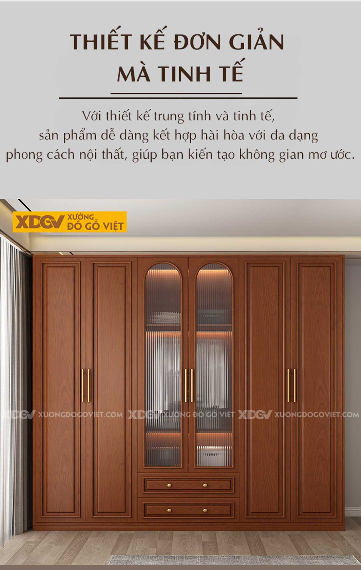 Tủ Quần Áo Kịch Trần Gỗ Sồi Tự Nhiên Tay Nắm Kim Loại Vàng