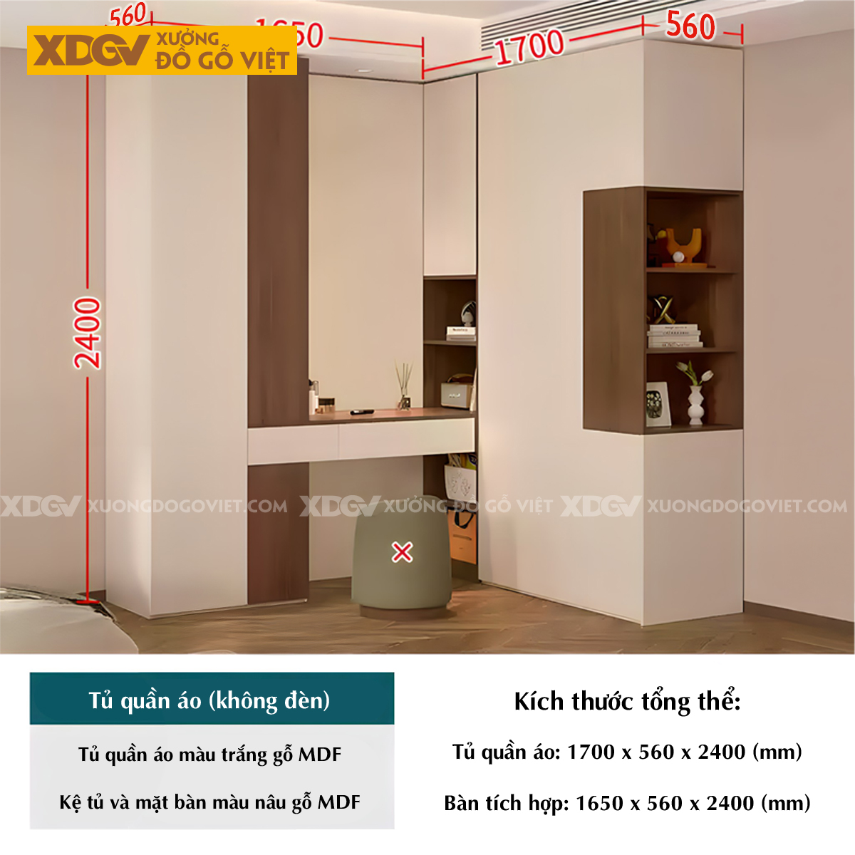 Tủ Quần Áo MDF Kết Hợp Bàn Trang Điểm Cánh Sơn Trắng Đẹp