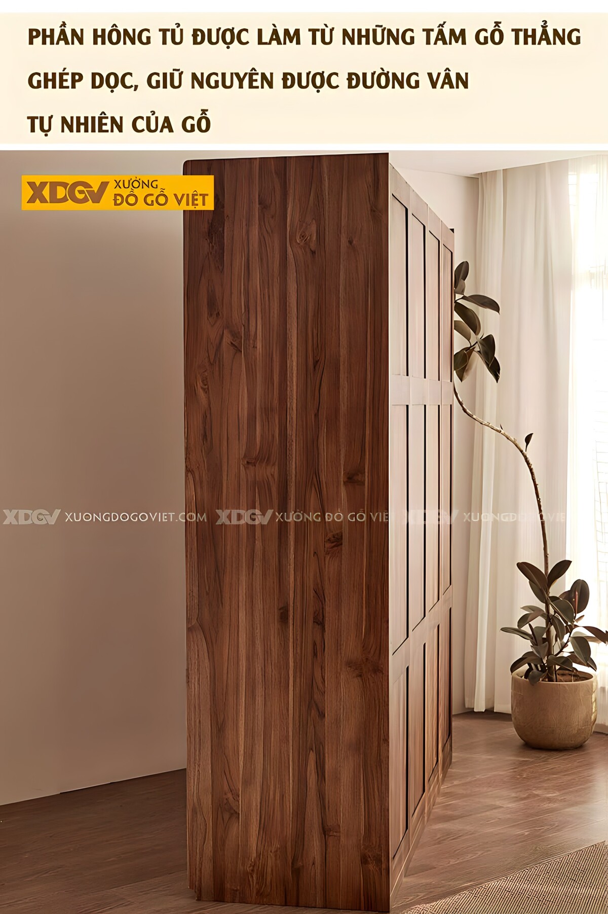 Tủ Quần Áo Óc Chó Thịt Tối Giản 4 Cánh Phẳng Tay Âm Dài