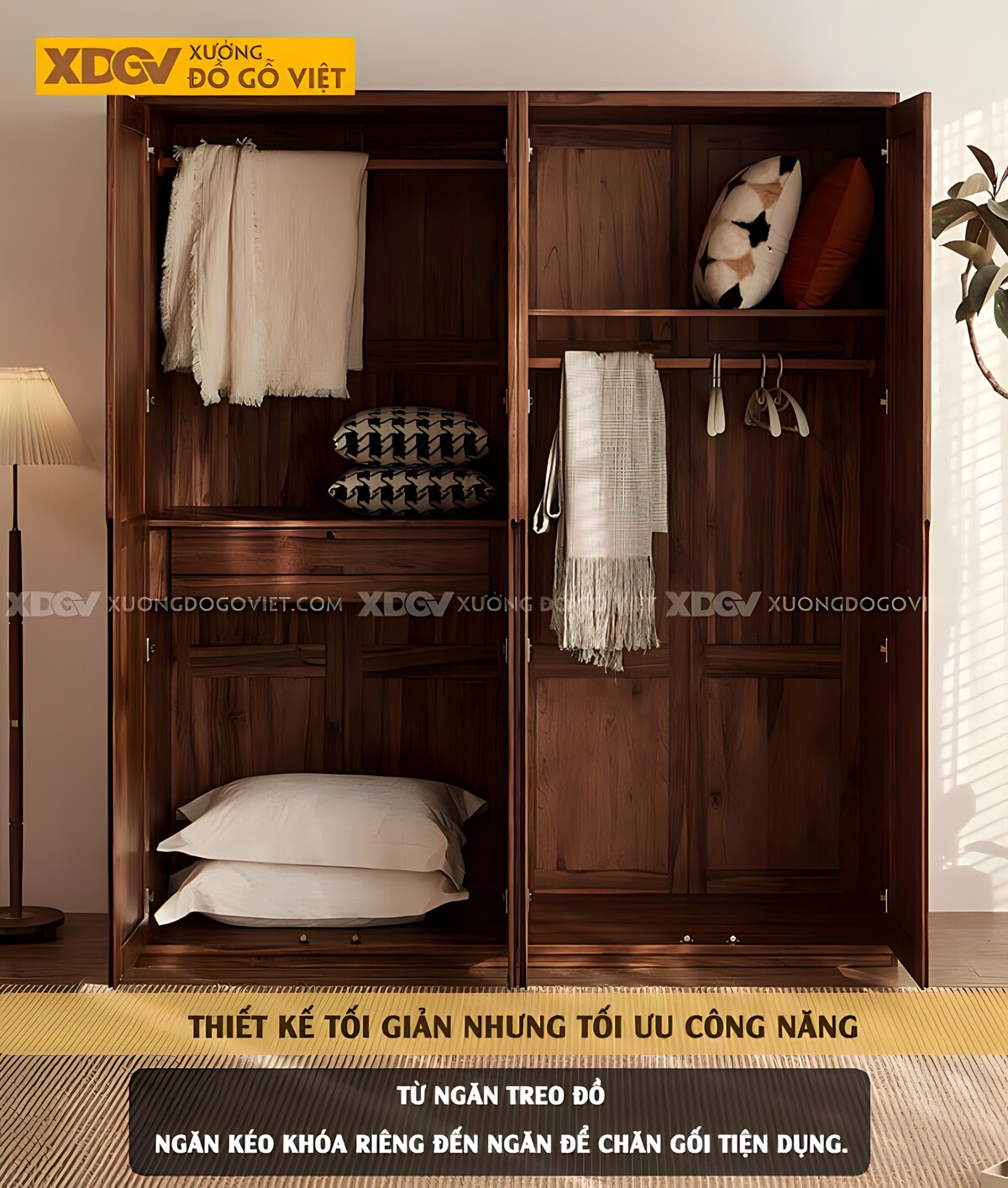 Tủ Quần Áo Óc Chó Thịt Tối Giản 4 Cánh Phẳng Tay Âm Dài