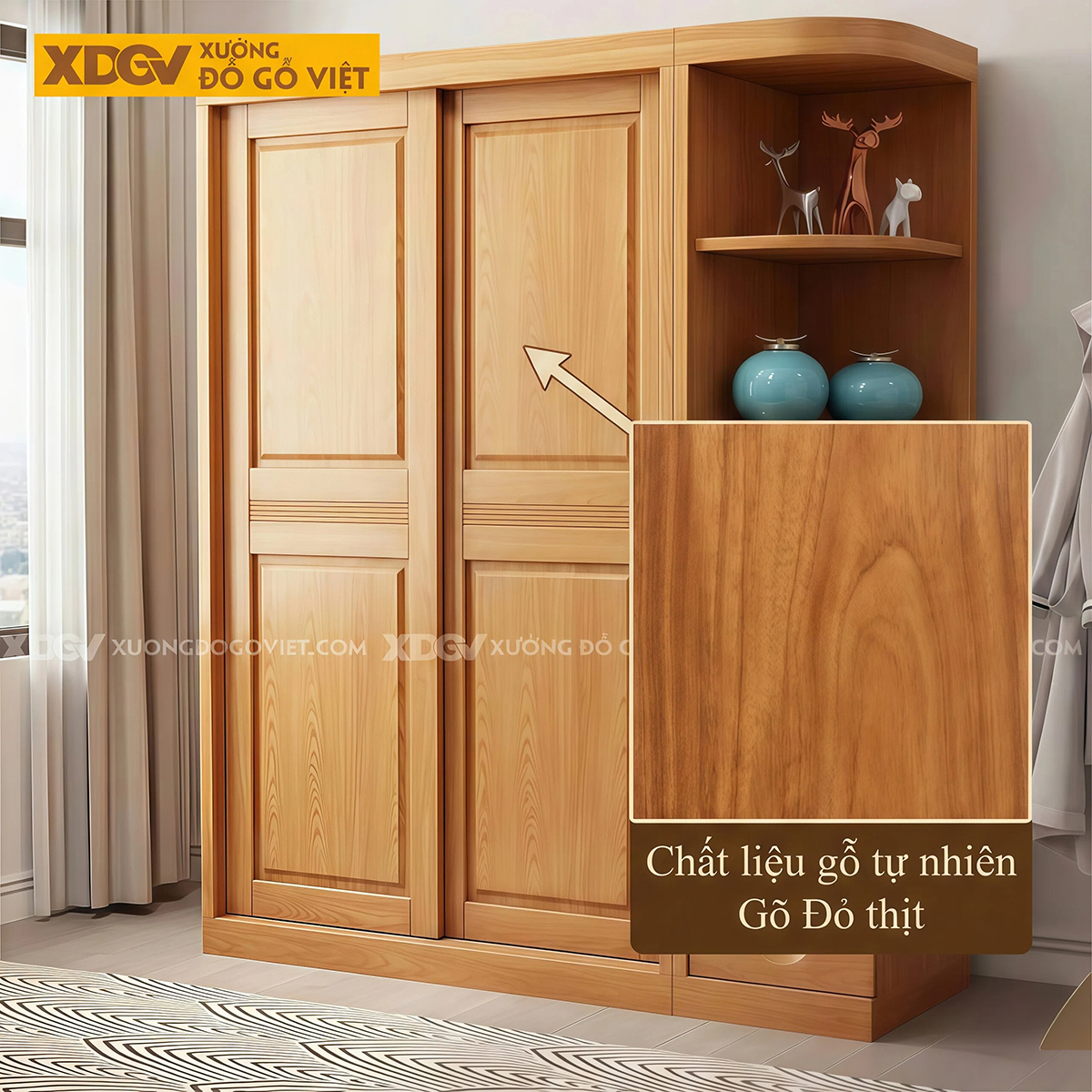 Tủ Quần Áo Phòng Ngủ Gỗ Gõ Đỏ Cánh Lùa Tay Nắm Âm Độc Đáo