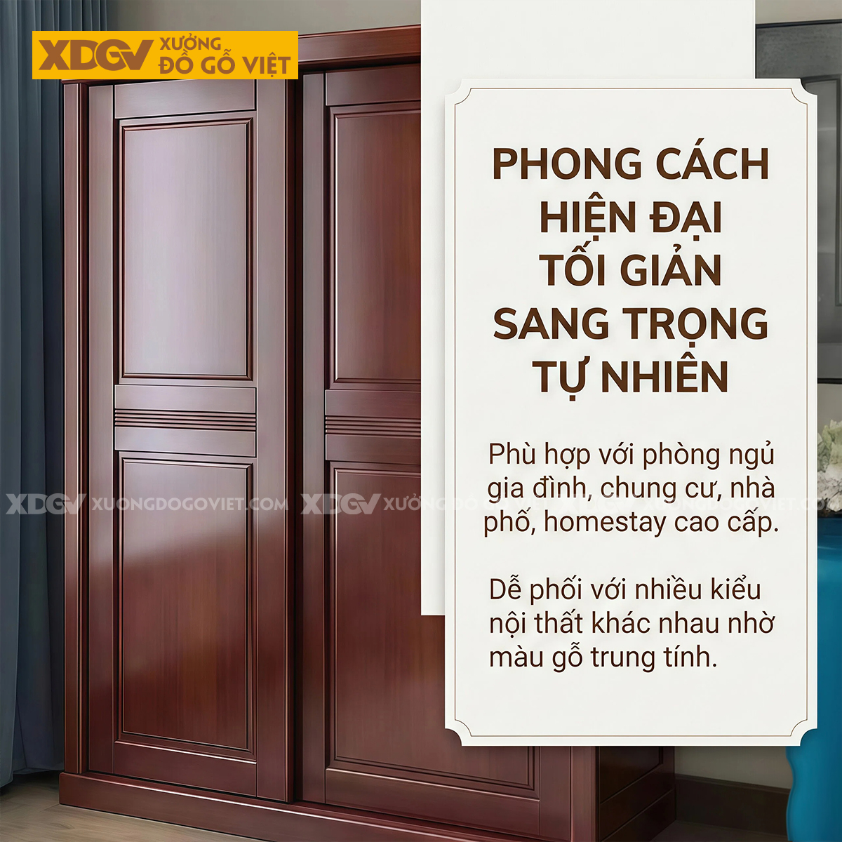 Tủ Quần Áo Phòng Ngủ Gỗ Gõ Đỏ Cánh Lùa Tay Nắm Âm Độc Đáo