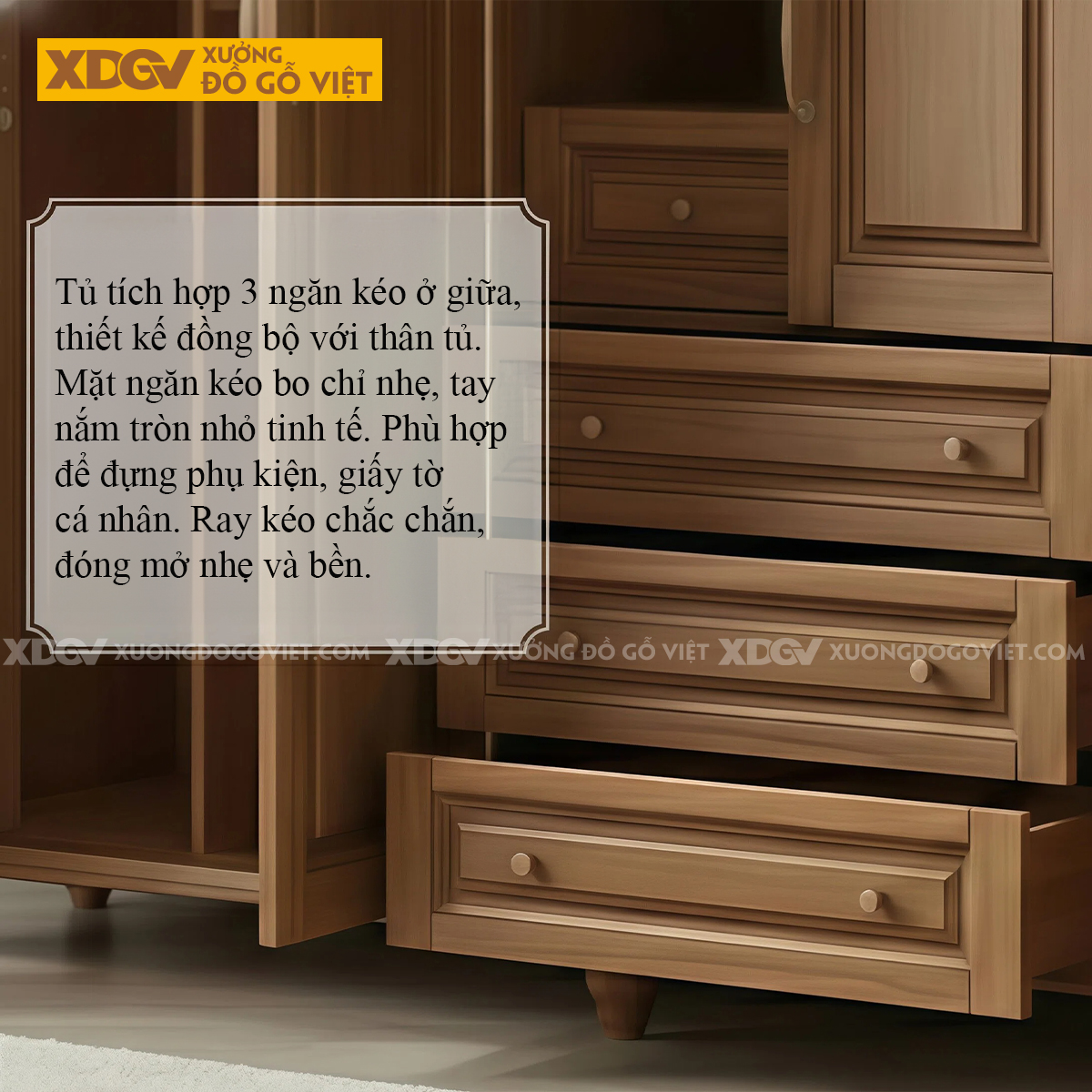 Tủ Quần Áo Phòng Ngủ Gỗ Gõ Đỏ Chân Tiện Cánh Pano Uốn Lượn