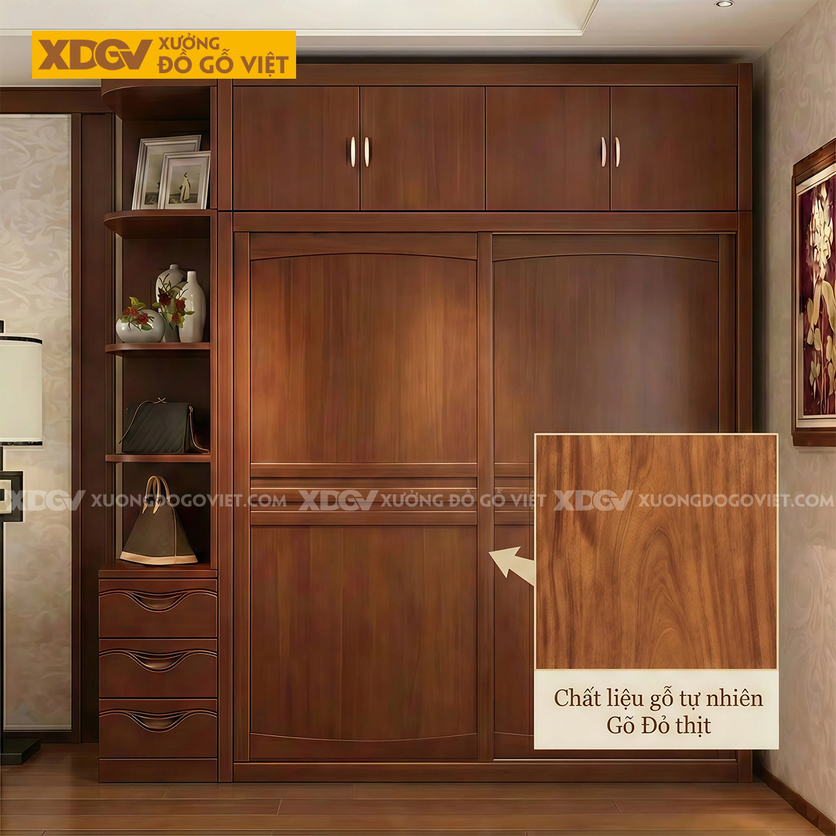 Tủ Quần Áo Phòng Ngủ Gỗ Gõ Đỏ Kịch Trần Cánh Lùa Thanh Ngang