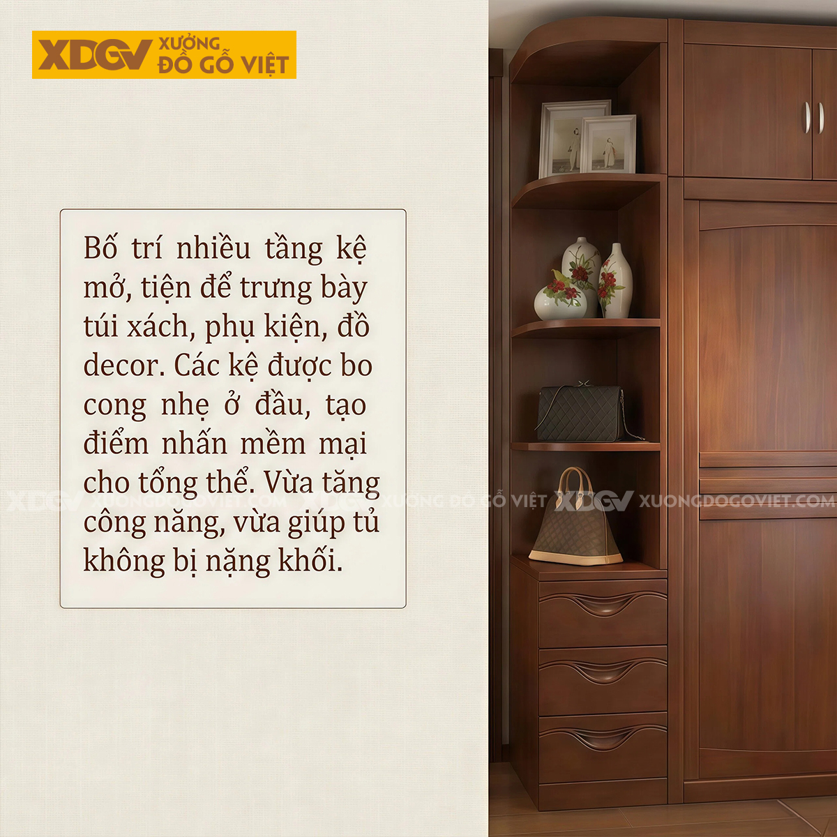 Tủ Quần Áo Phòng Ngủ Gỗ Gõ Đỏ Kịch Trần Cánh Lùa Thanh Ngang