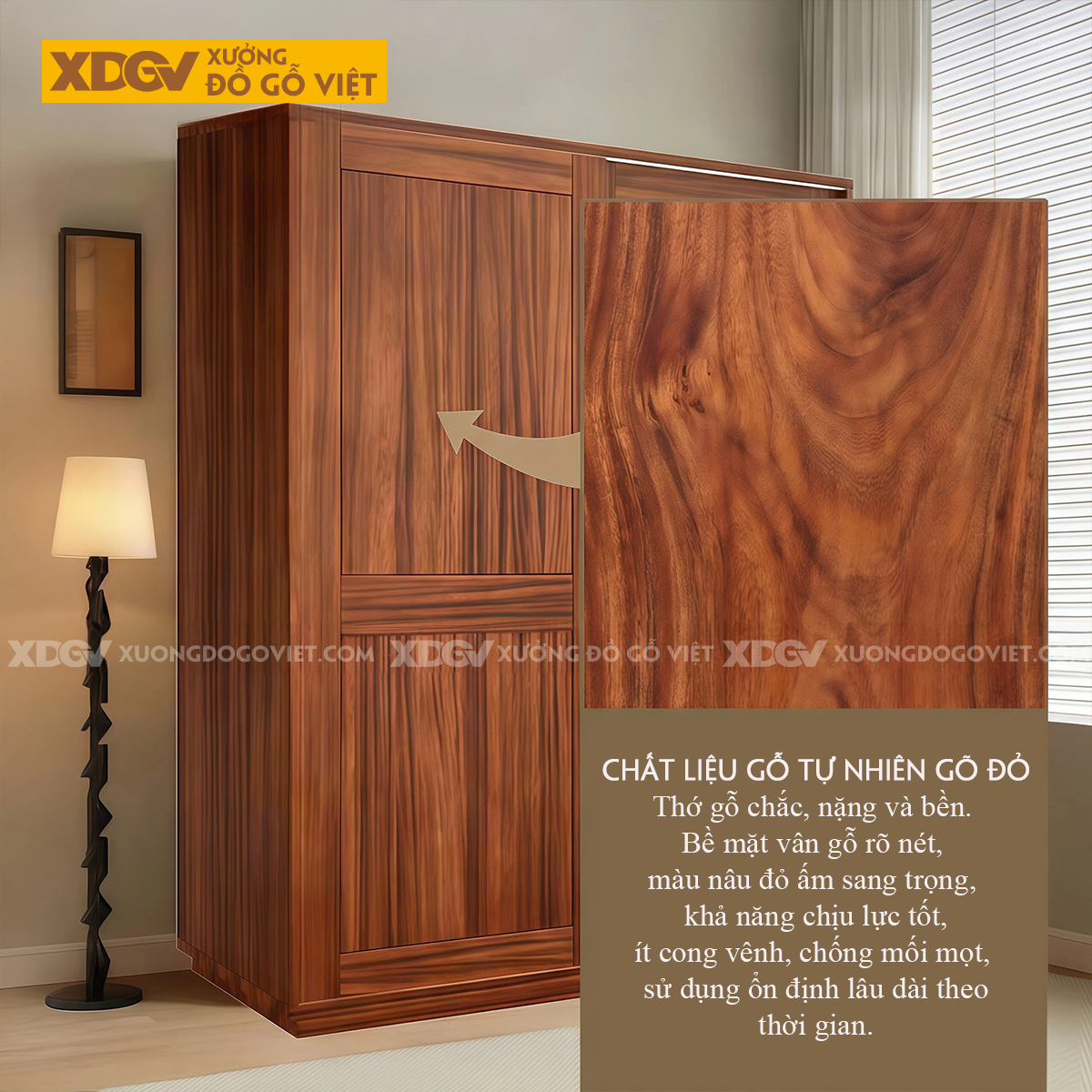 Tủ Quần Áo Phòng Ngủ Gỗ Gõ Đỏ Phối Cánh Lùa Chân Bệt Kiên Cố