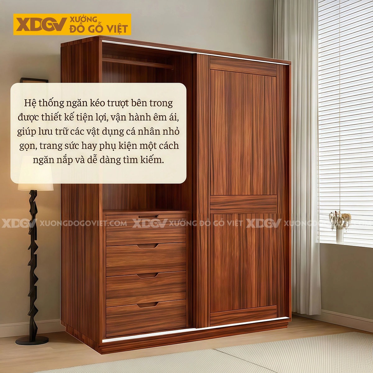 Tủ Quần Áo Phòng Ngủ Gỗ Gõ Đỏ Phối Cánh Lùa Chân Bệt Kiên Cố